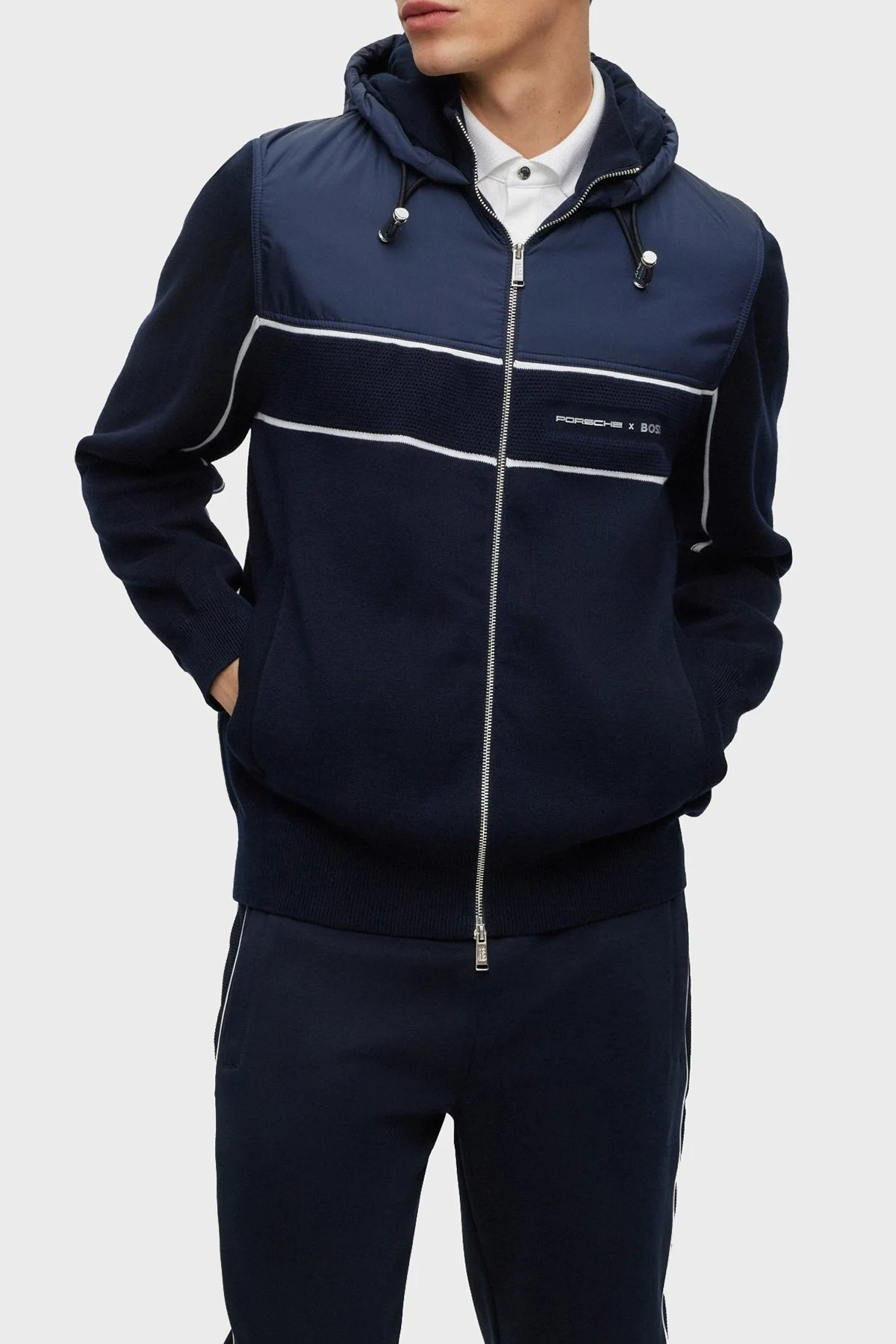 Boss Porsche Desenli Pamuklu Regular Fit Fermuarlı Kapüşonlu Spor Erkek Ceket 50489069 404 LACİVERT - 1