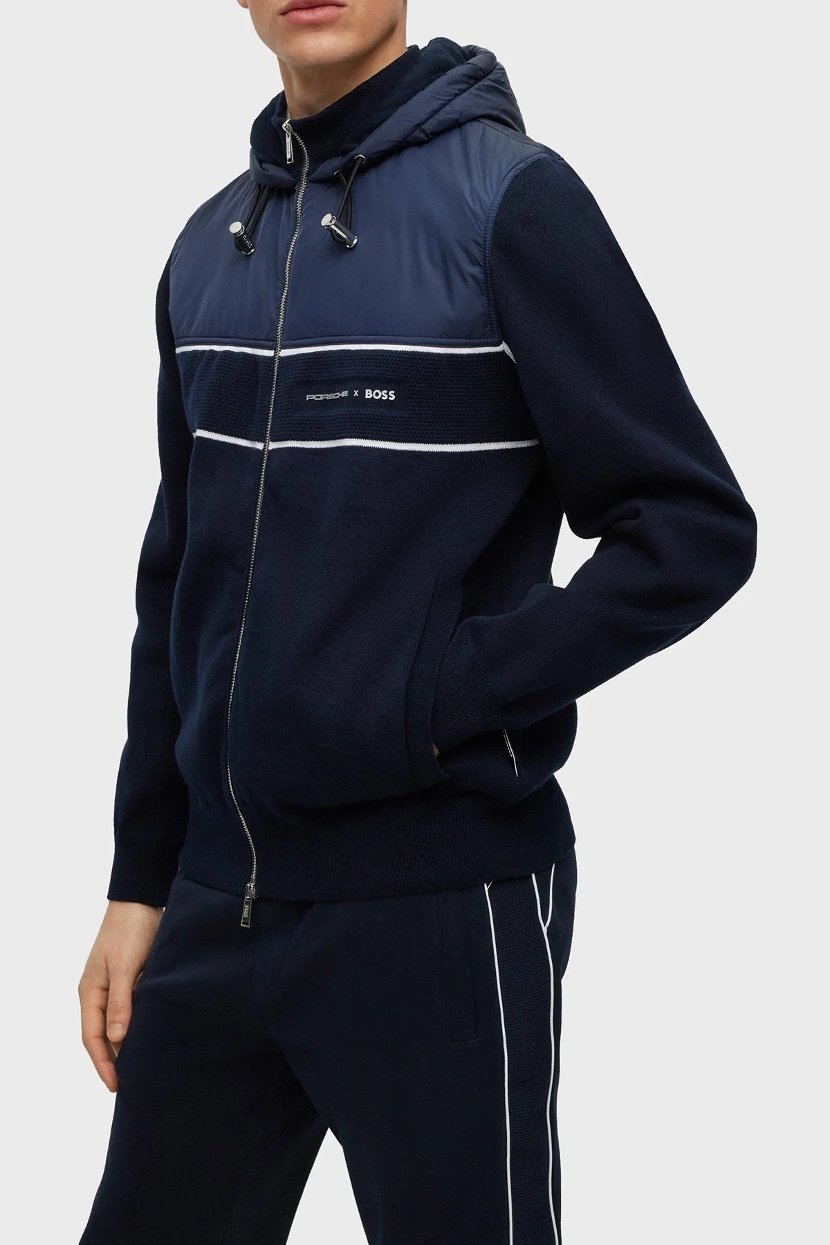 Boss Porsche Desenli Pamuklu Regular Fit Fermuarlı Kapüşonlu Spor Erkek Ceket 50489069 404 LACİVERT - 5