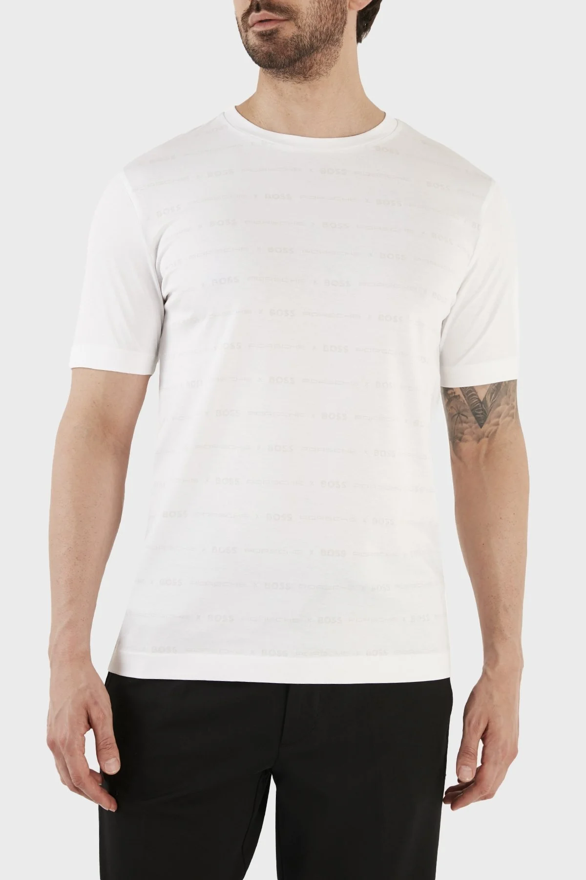 Boss Porsche Merserize Pamuklu Slim Fit Bisiklet Yaka Erkek T Shirt 50486222 100 BEYAZ - 1