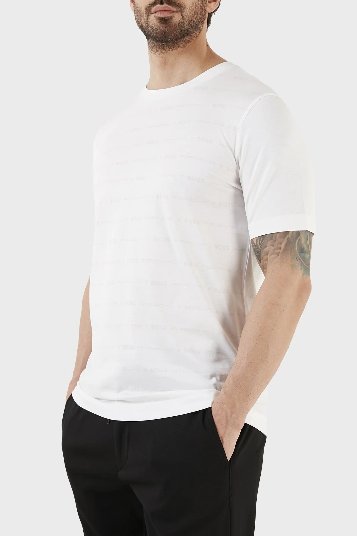 Boss Porsche Merserize Pamuklu Slim Fit Bisiklet Yaka Erkek T Shirt 50486222 100 BEYAZ - 2