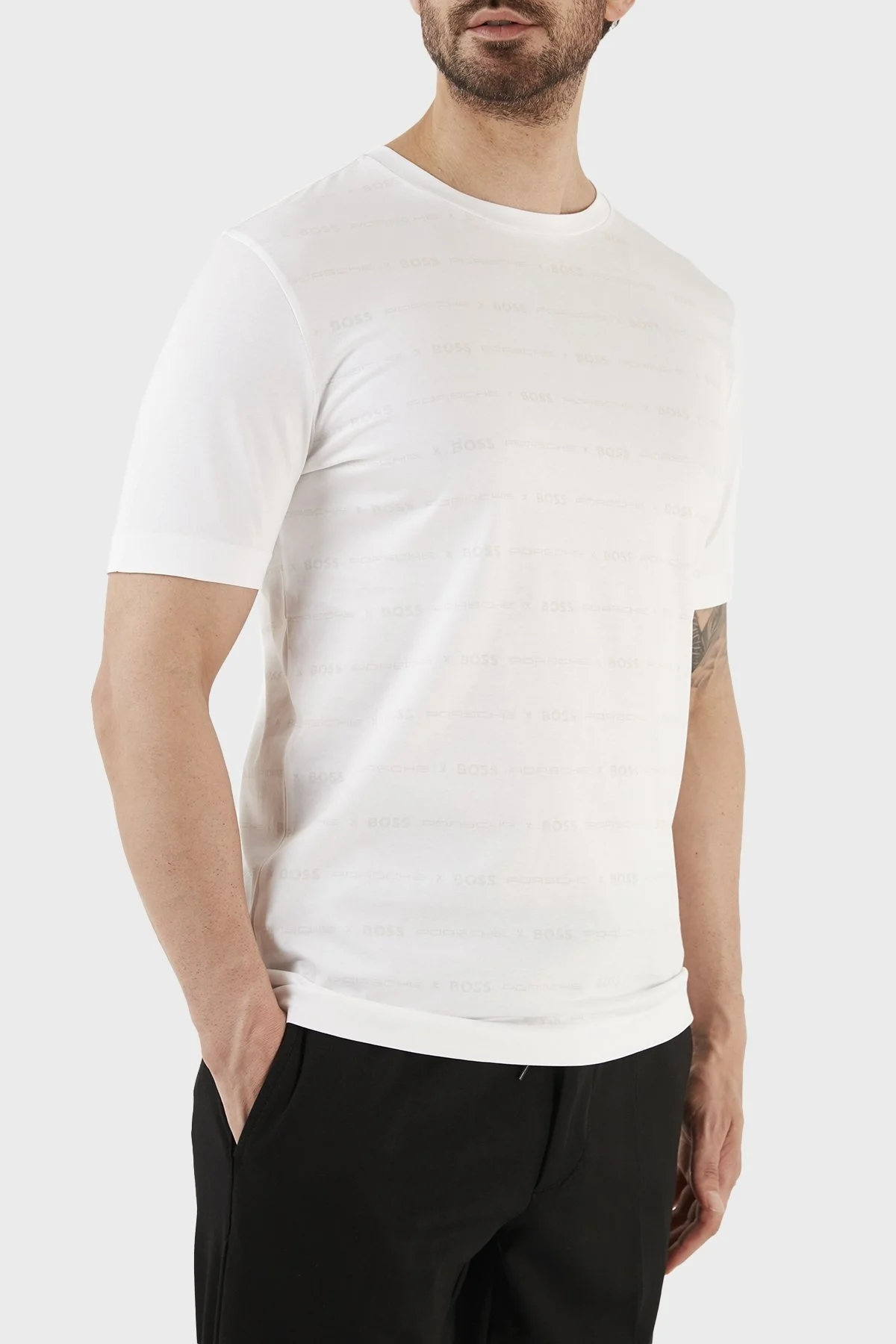 Boss Porsche Merserize Pamuklu Slim Fit Bisiklet Yaka Erkek T Shirt 50486222 100 BEYAZ - 3