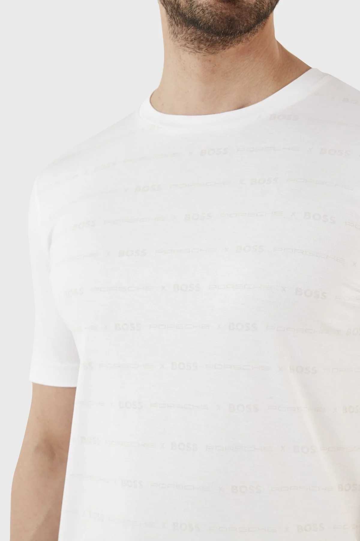 Boss Porsche Merserize Pamuklu Slim Fit Bisiklet Yaka Erkek T Shirt 50486222 100 BEYAZ - 4