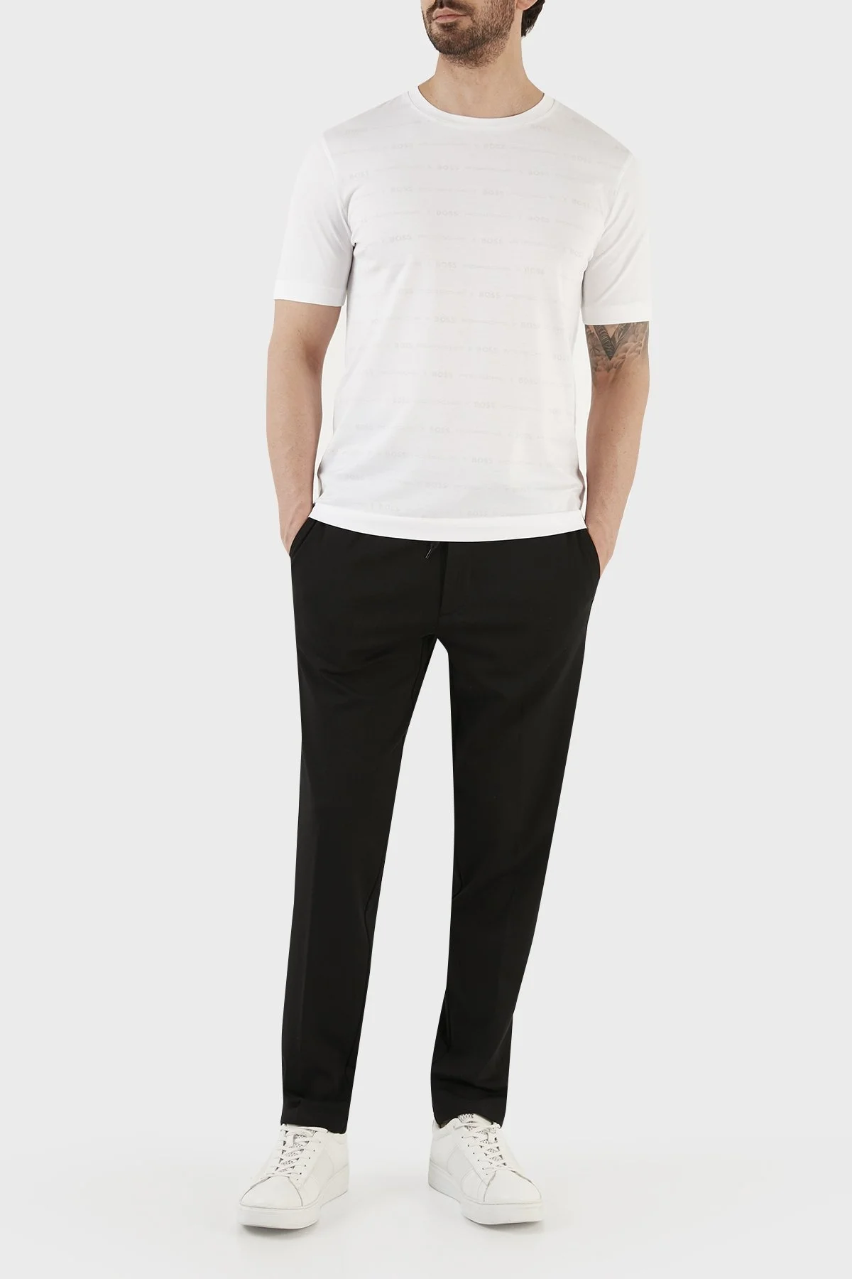 Boss Porsche Merserize Pamuklu Slim Fit Bisiklet Yaka Erkek T Shirt 50486222 100 BEYAZ - 5