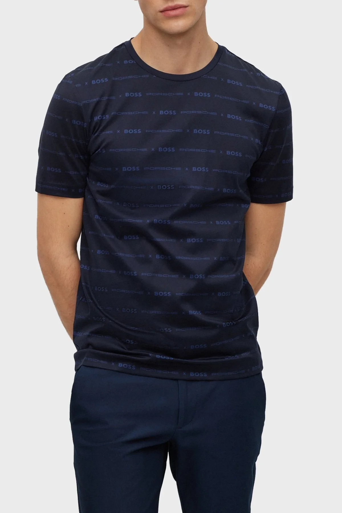 Boss Porsche Merserize Pamuklu Slim Fit Bisiklet Yaka Erkek T Shirt 50486222 404 LACİVERT - 1