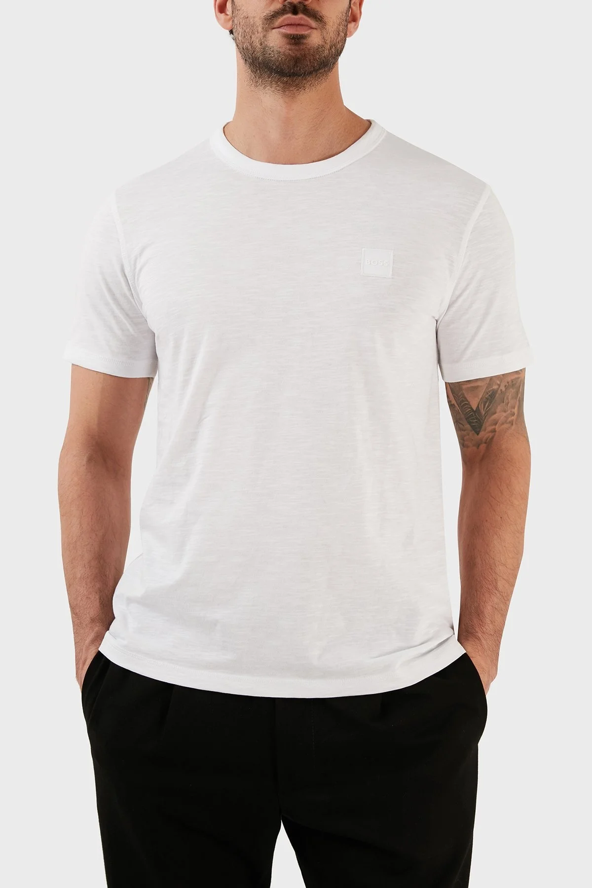 Boss Regular Fit Bisiklet Yaka Pamuklu Jarse Erkek T Shirt 50478771 100 BEYAZ - 1