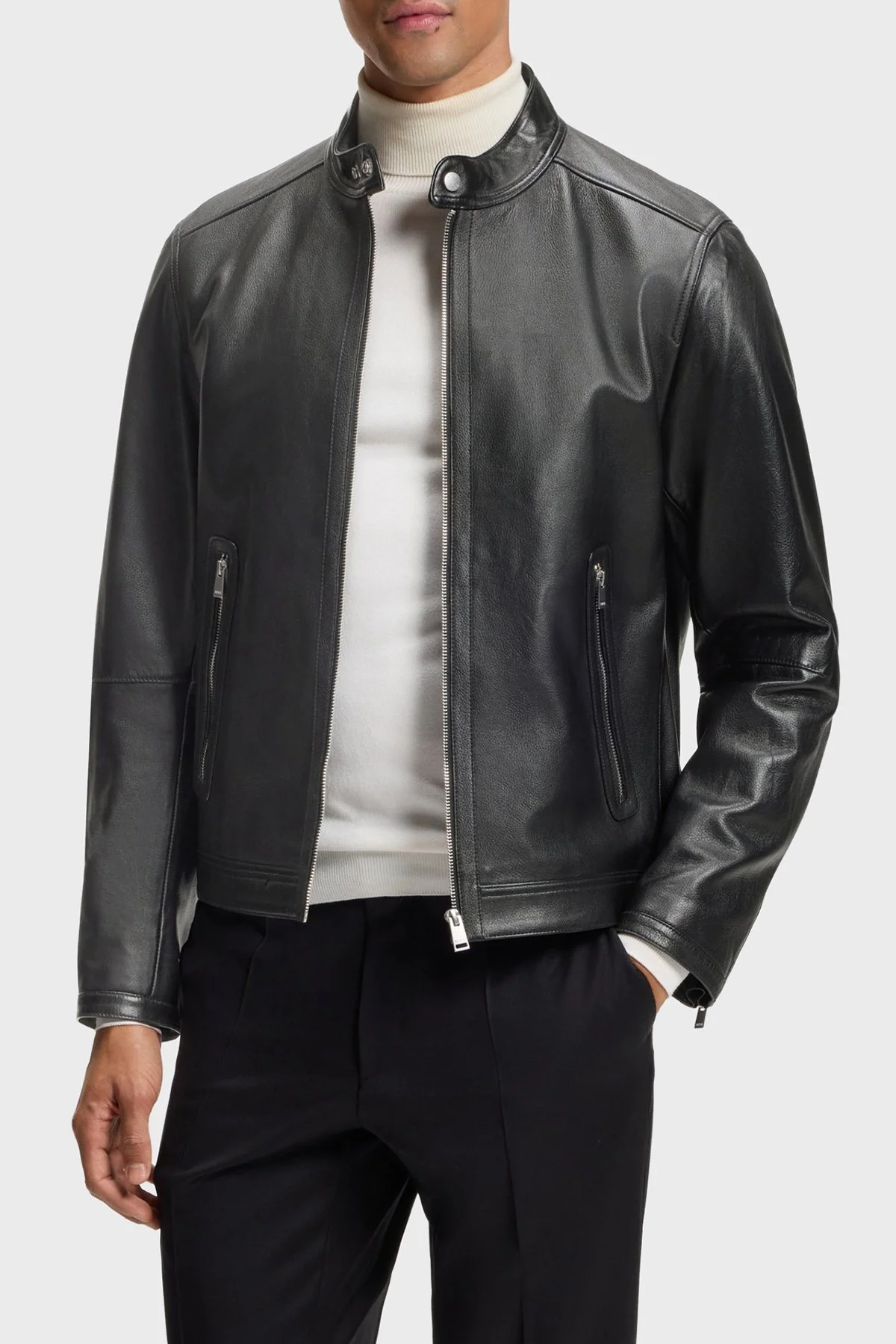 Boss Regular Fit Dik Yaka Erkek Deri Ceket 50564586 001 Siyah - 1