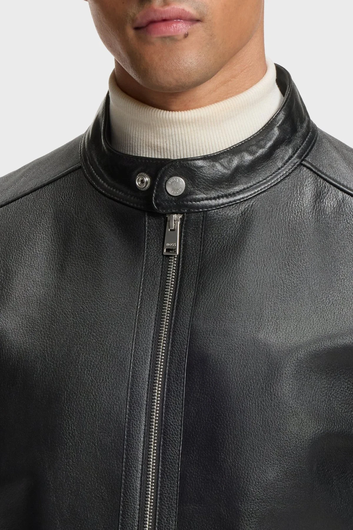 Boss Regular Fit Dik Yaka Erkek Deri Ceket 50564586 001 Siyah - 4