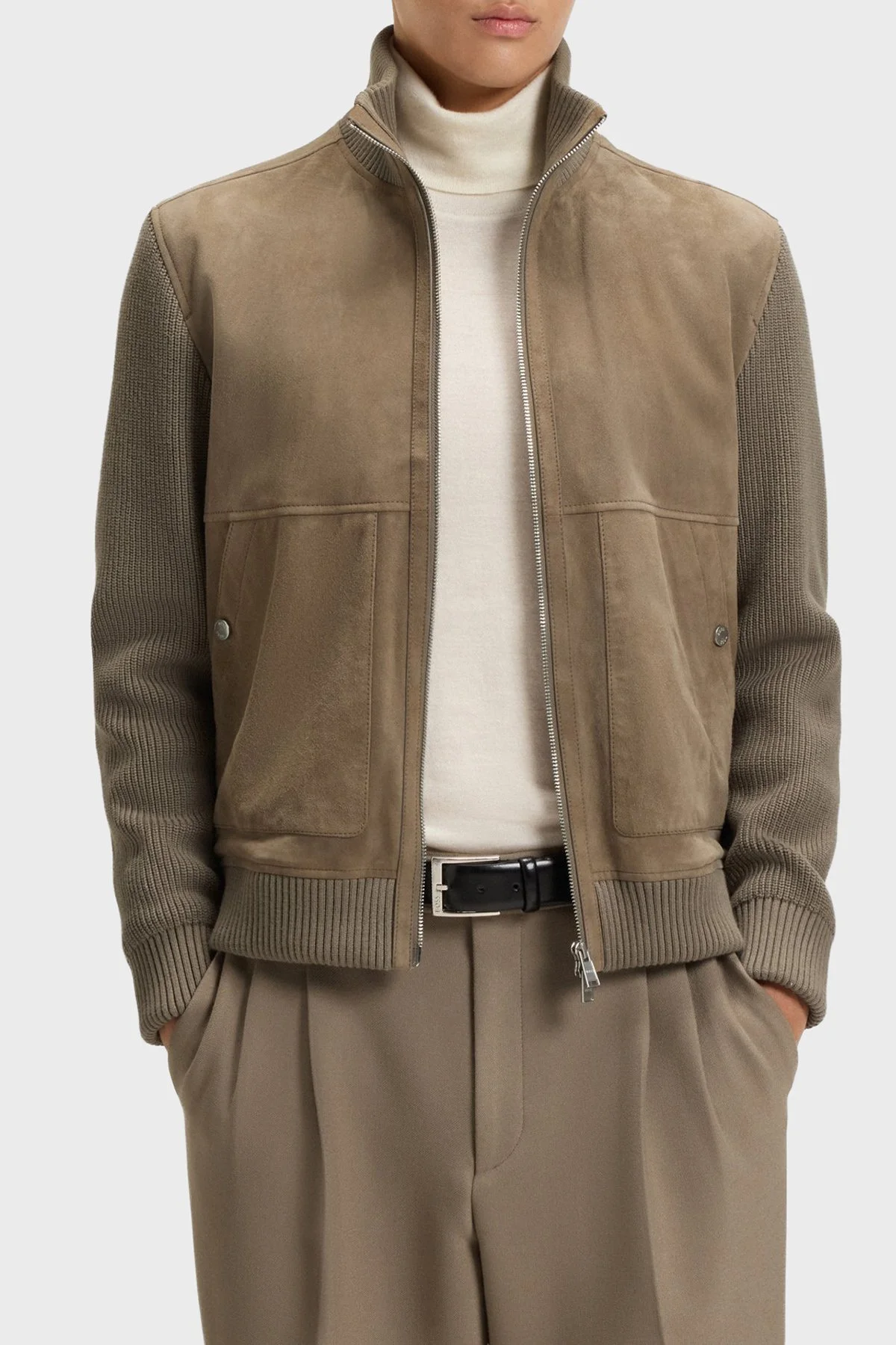 Boss Regular Fit Dik Yaka Pamuk Karışımlı Kollu Süet Erkek Mont 50547673 245 HAKİ - 1