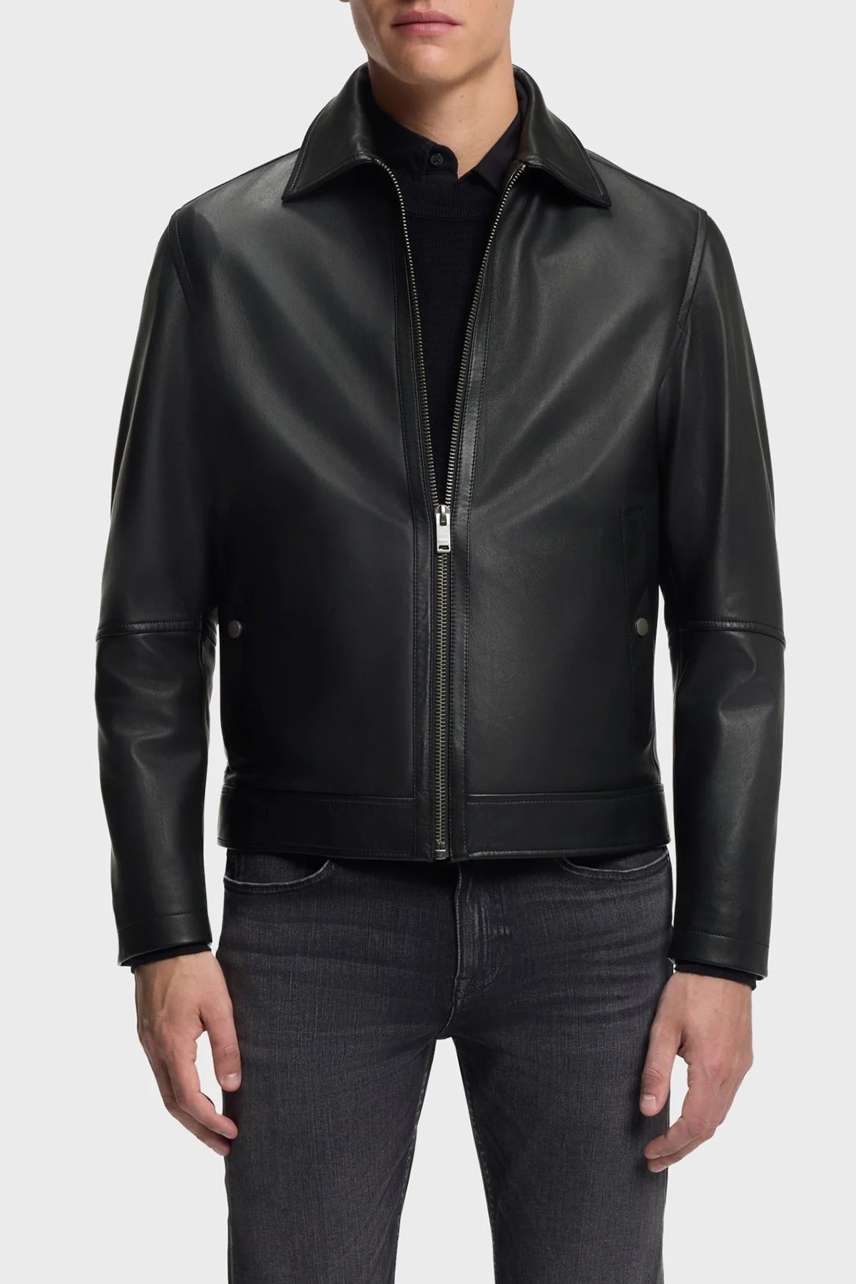 Boss Regular Fit Klasik Yaka Fermuarlı Hakiki Erkek Deri Ceket 50552141 001 SİYAH - 1