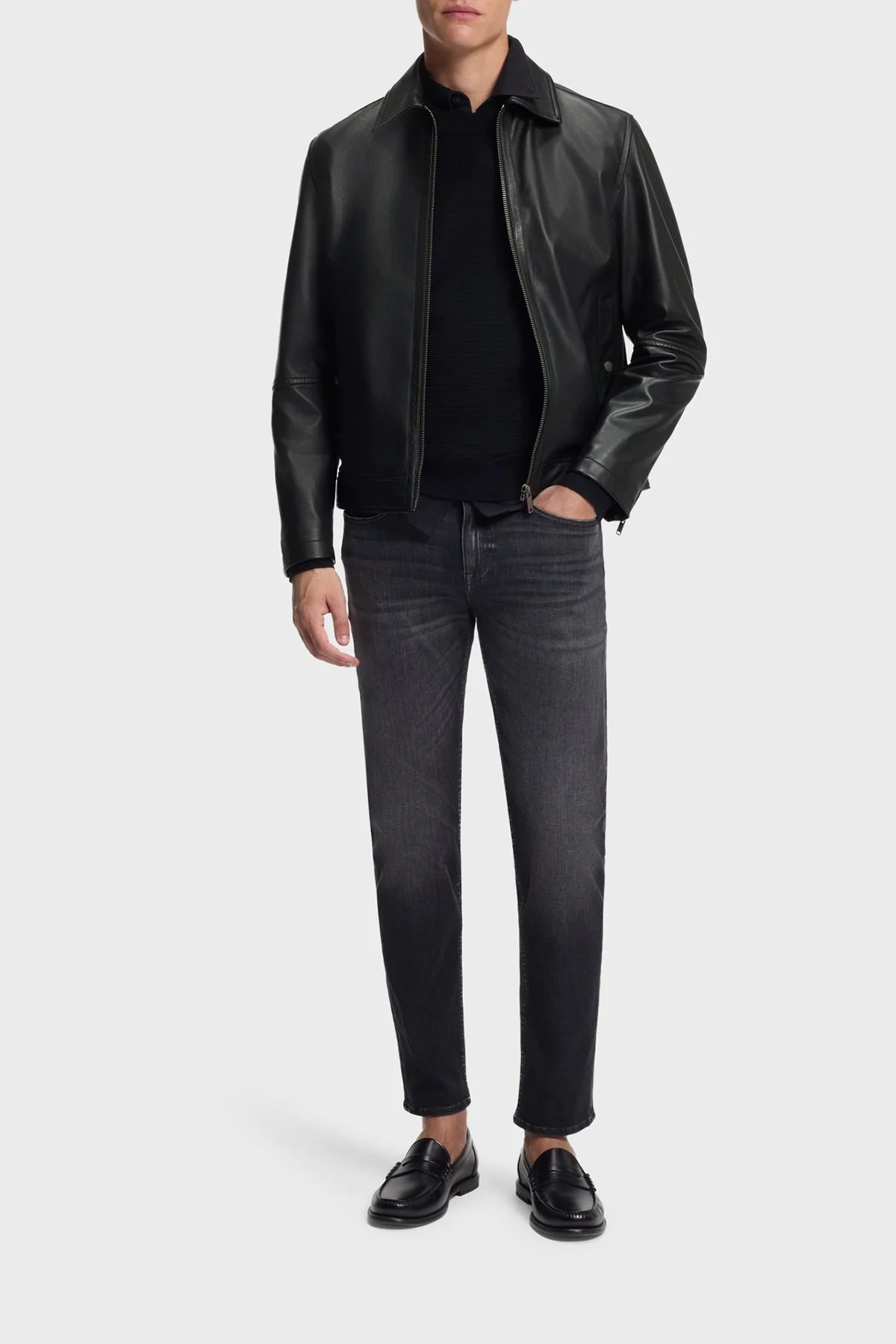 Boss Regular Fit Klasik Yaka Fermuarlı Hakiki Erkek Deri Ceket 50552141 001 SİYAH - 2
