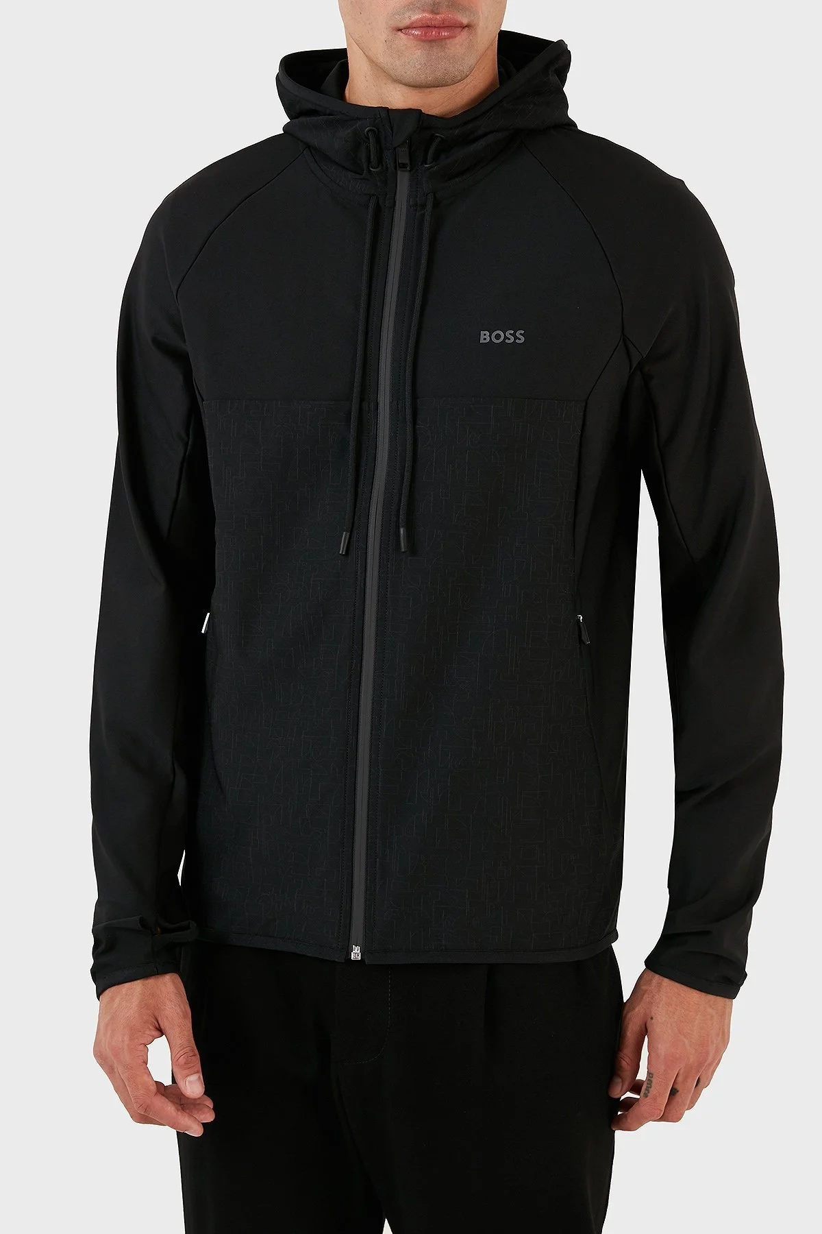 Boss Regular Fit Yansıtıcı Desenli Aktif Streç Fermuarlı Kapüşonlu Erkek Sweat 50493465 001 SİYAH - 5