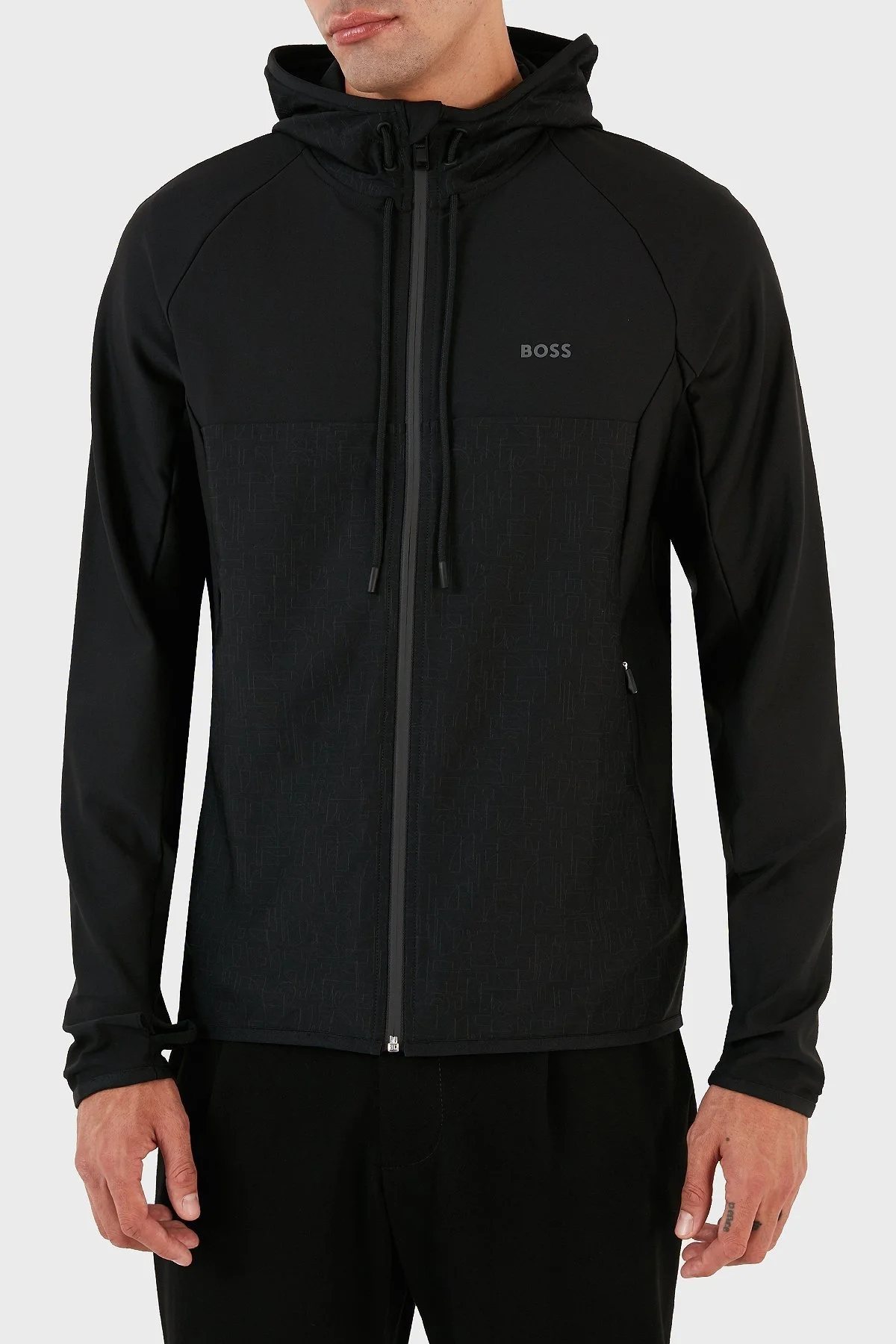 Boss Regular Fit Yansıtıcı Desenli Aktif Streç Fermuarlı Kapüşonlu Erkek Sweat 50493465 001 SİYAH - 6