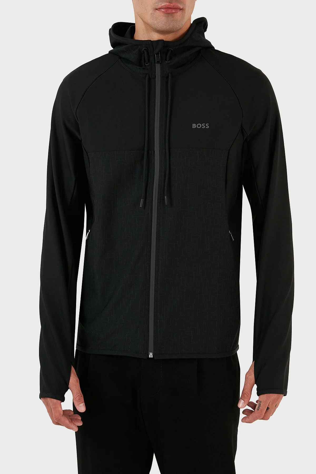 Boss Regular Fit Yansıtıcı Desenli Aktif Streç Fermuarlı Kapüşonlu Erkek Sweat 50493465 001 SİYAH - 1