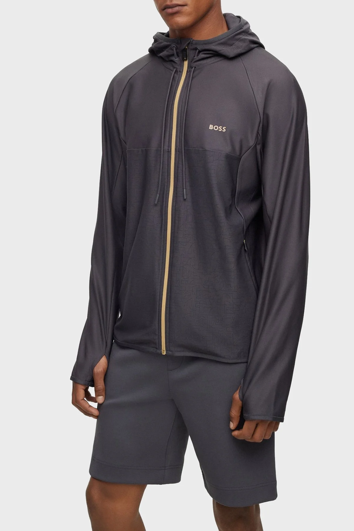 Boss Regular Fit Yansıtıcı Desenli Aktif Streç Fermuarlı Kapüşonlu Erkek Sweat 50493465 027 KOYU GRİ - 1