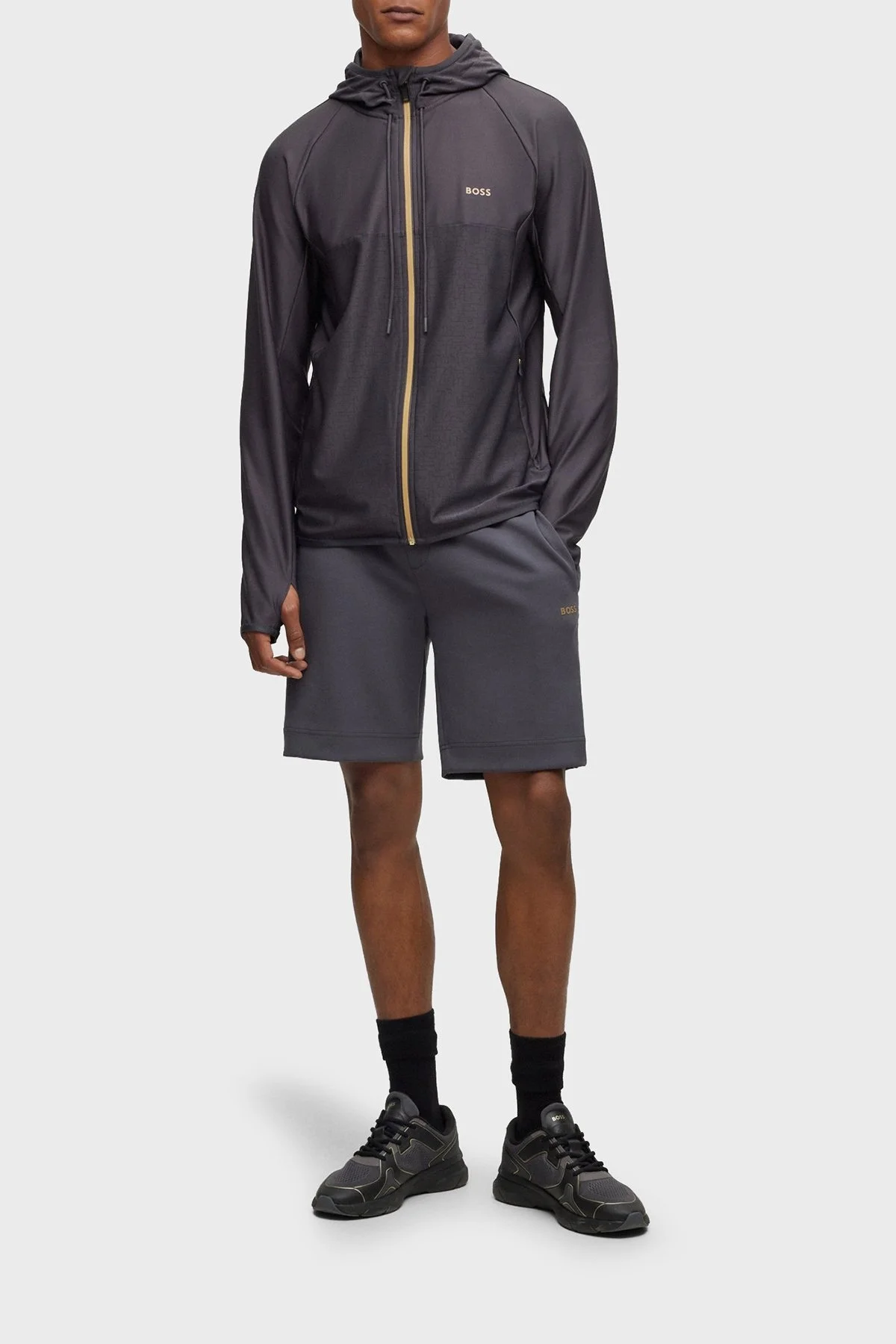 Boss Regular Fit Yansıtıcı Desenli Aktif Streç Fermuarlı Kapüşonlu Erkek Sweat 50493465 027 KOYU GRİ - 2