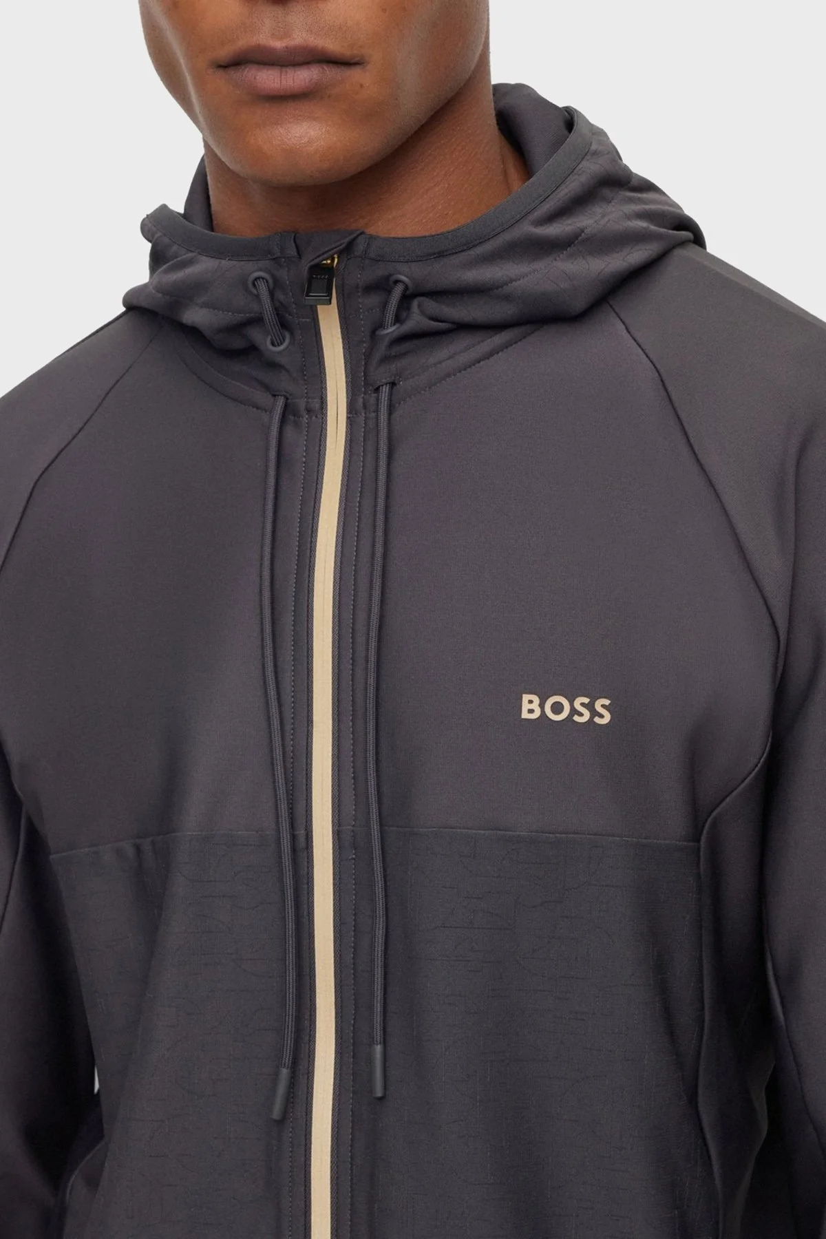 Boss Regular Fit Yansıtıcı Desenli Aktif Streç Fermuarlı Kapüşonlu Erkek Sweat 50493465 027 KOYU GRİ - 4