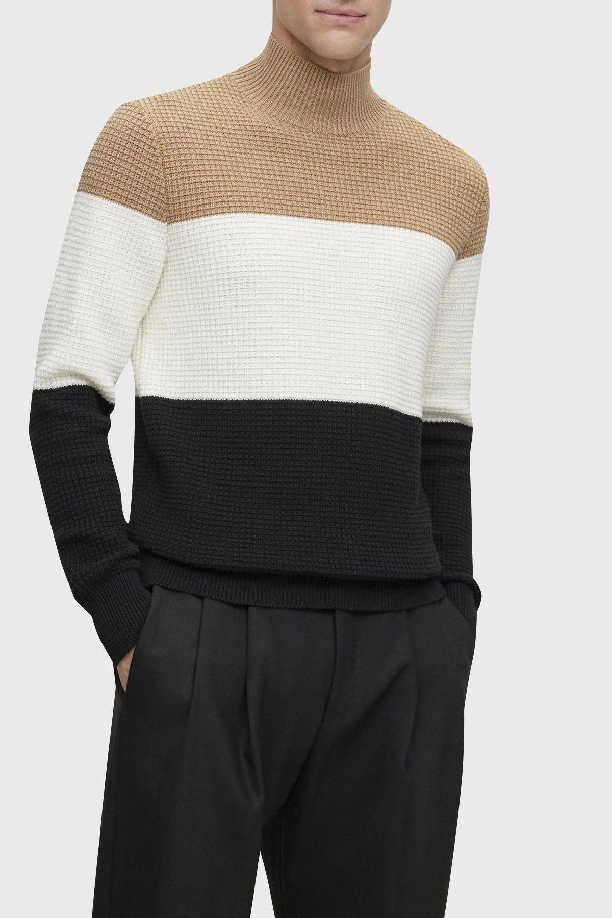 Boss Renk Bloklu Yün Karışımlı Balıkçı Yaka Regular Fit Erkek Kazak 50500656 001 SİYAH - 1