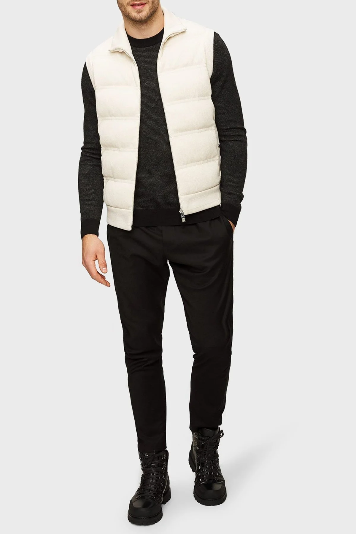 Boss Ribanalı Pamuk ve Yün Karışımlı Regular Fit Erkek Yelek 50500677 131 EKRU - 2