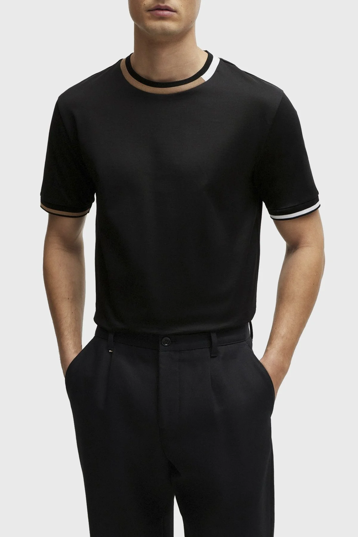Boss Şerit Detaylı Merserize Pamuklu Bisiklet Yaka Regular Fit Erkek T Shirt 50513364 001 SİYAH - 1