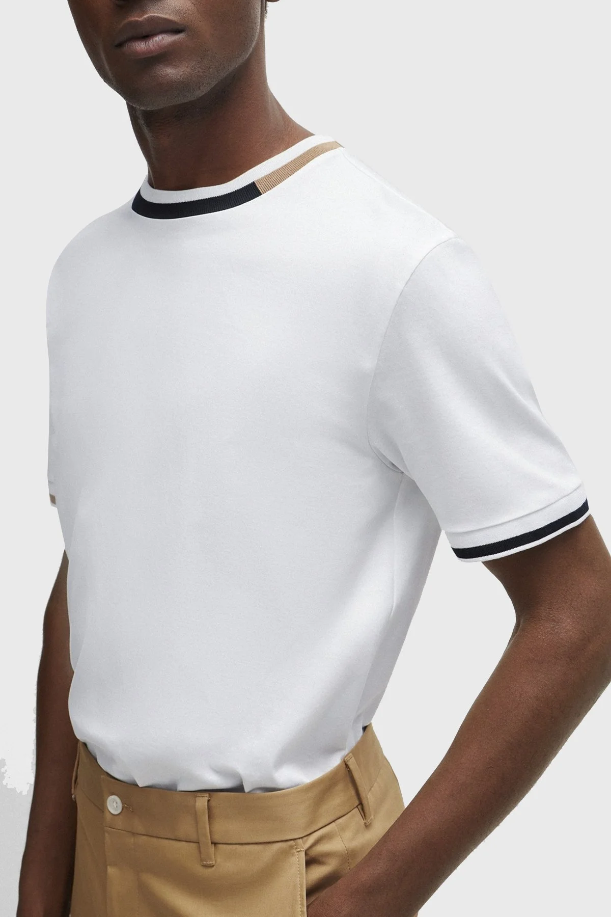 Boss Şerit Detaylı Merserize Pamuklu Bisiklet Yaka Regular Fit Erkek T Shirt 50513364 100 BEYAZ - 2