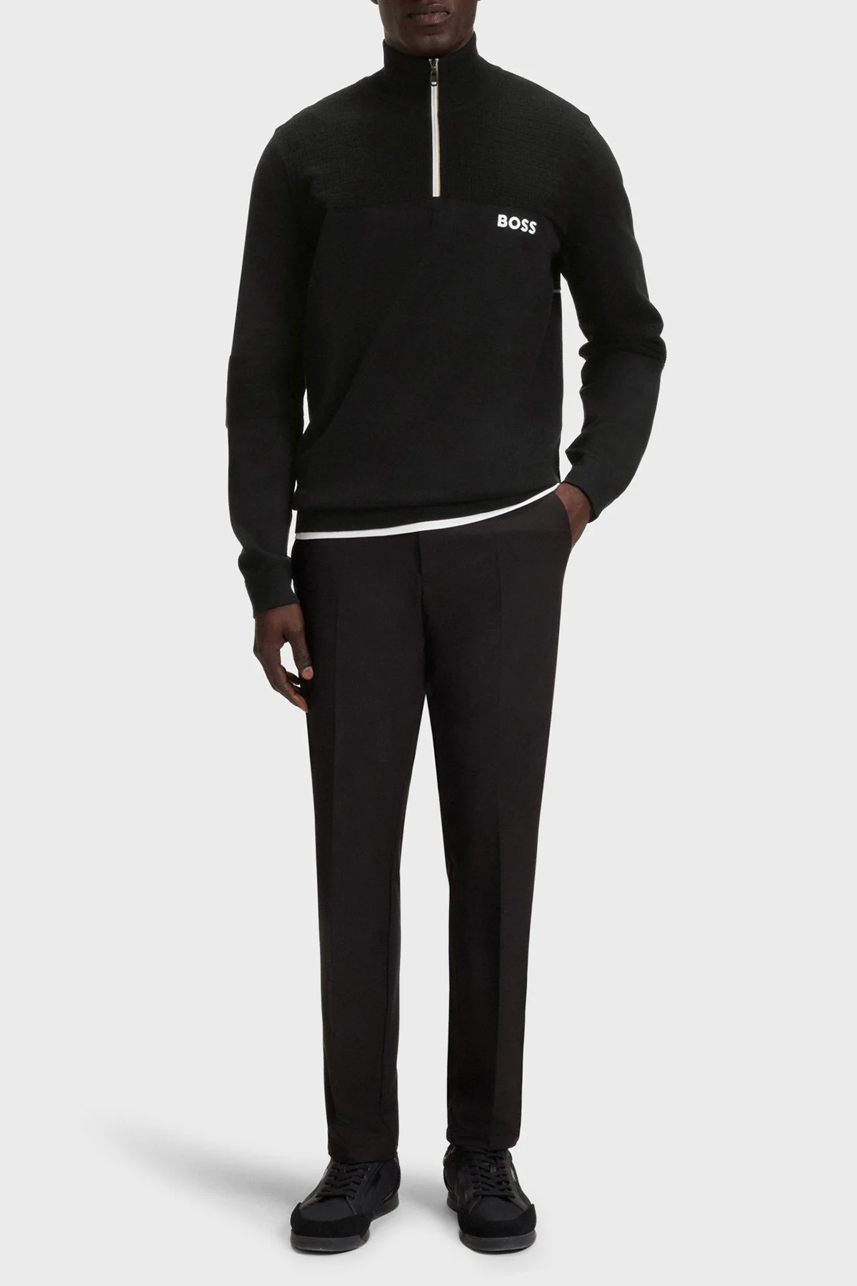 Boss Şerit Detaylı Pamuklu Regular Fit Yarım Fermuarlı Dik Yaka Erkek Kazak 50541953 001 SİYAH - 2