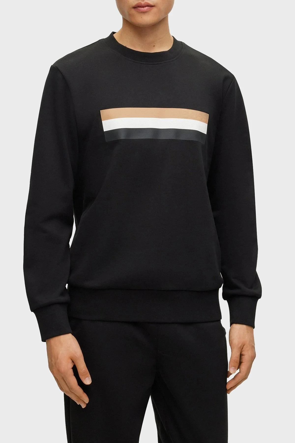 Boss Şeritli Organik Pamuklu Bisiklet Yaka Relaxed Fit Erkek Sweat 50501498 001 SİYAH - 1