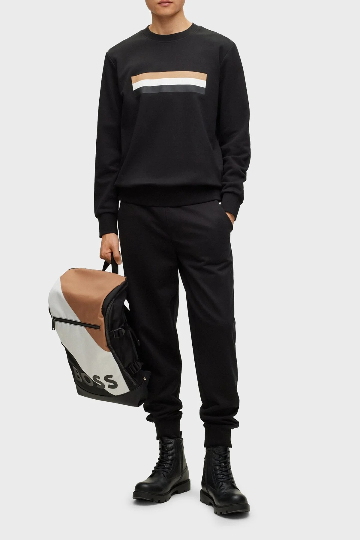 Boss Şeritli Organik Pamuklu Bisiklet Yaka Relaxed Fit Erkek Sweat 50501498 001 SİYAH - 2