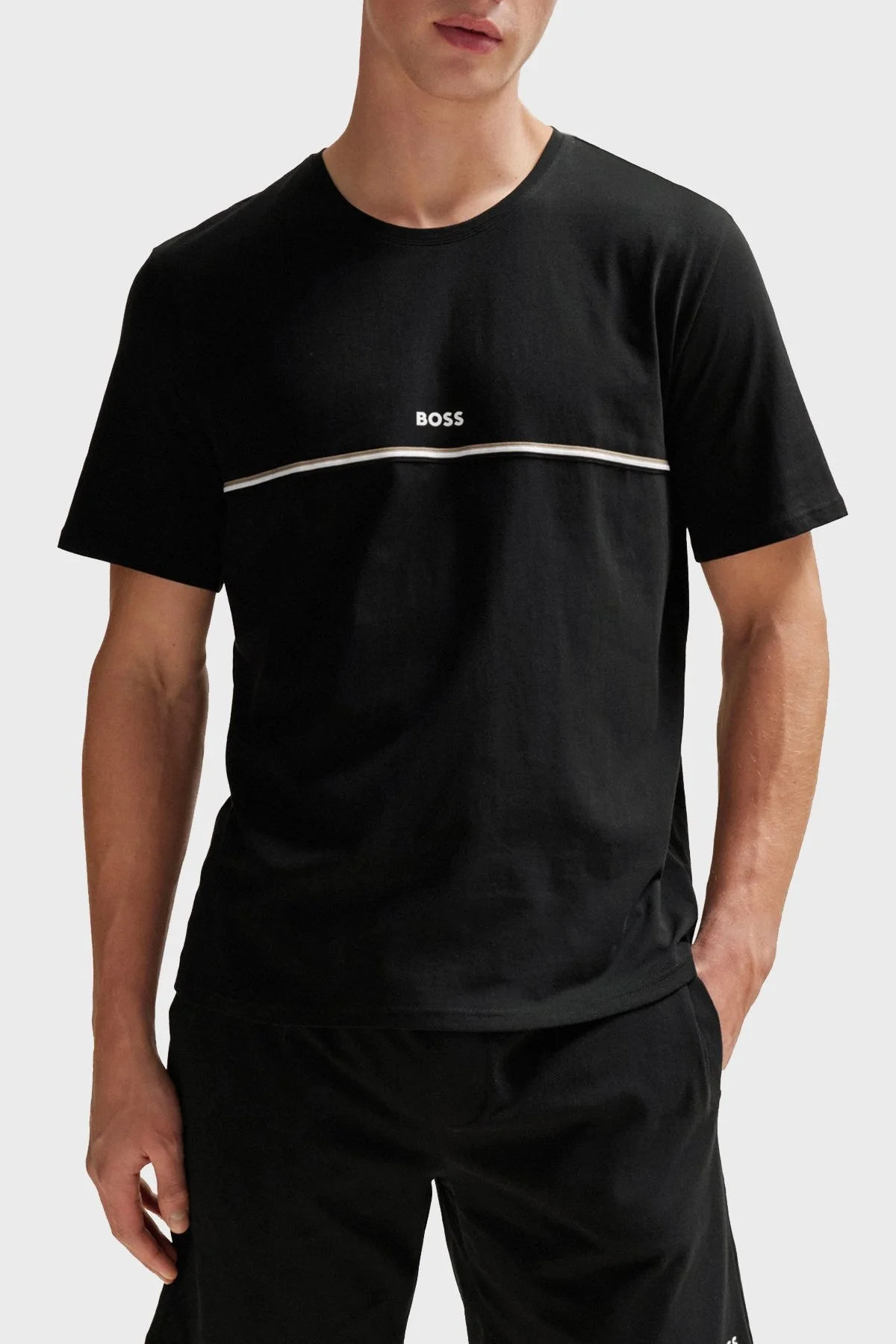 Boss Şeritli Streç Pamuklu Bisiklet Yaka Regular Fit Erkek T Shirt 50502864 001 SİYAH - 1