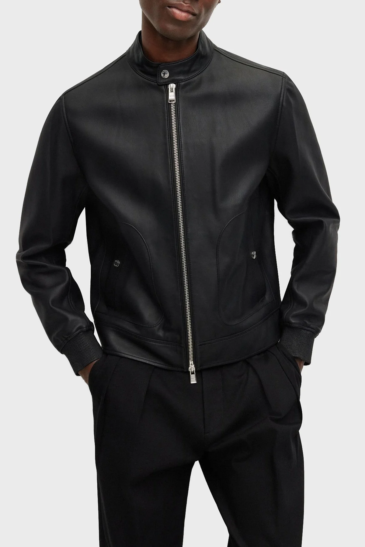Boss Slim Fit Fermuarlı Sıfır Yaka Hakiki Erkek Deri Ceket 0494120 001 SİYAH - 1