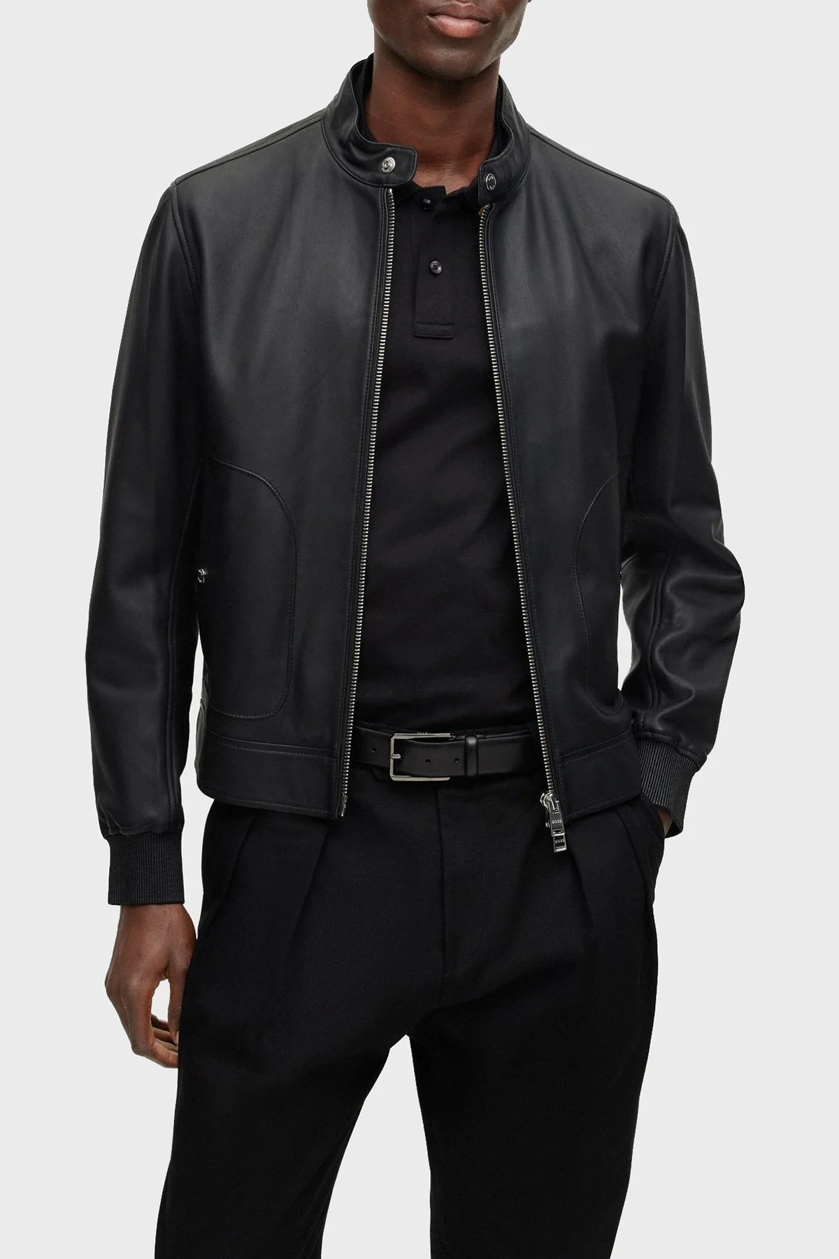 Boss Slim Fit Fermuarlı Sıfır Yaka Hakiki Erkek Deri Ceket 0494120 001 SİYAH - 3