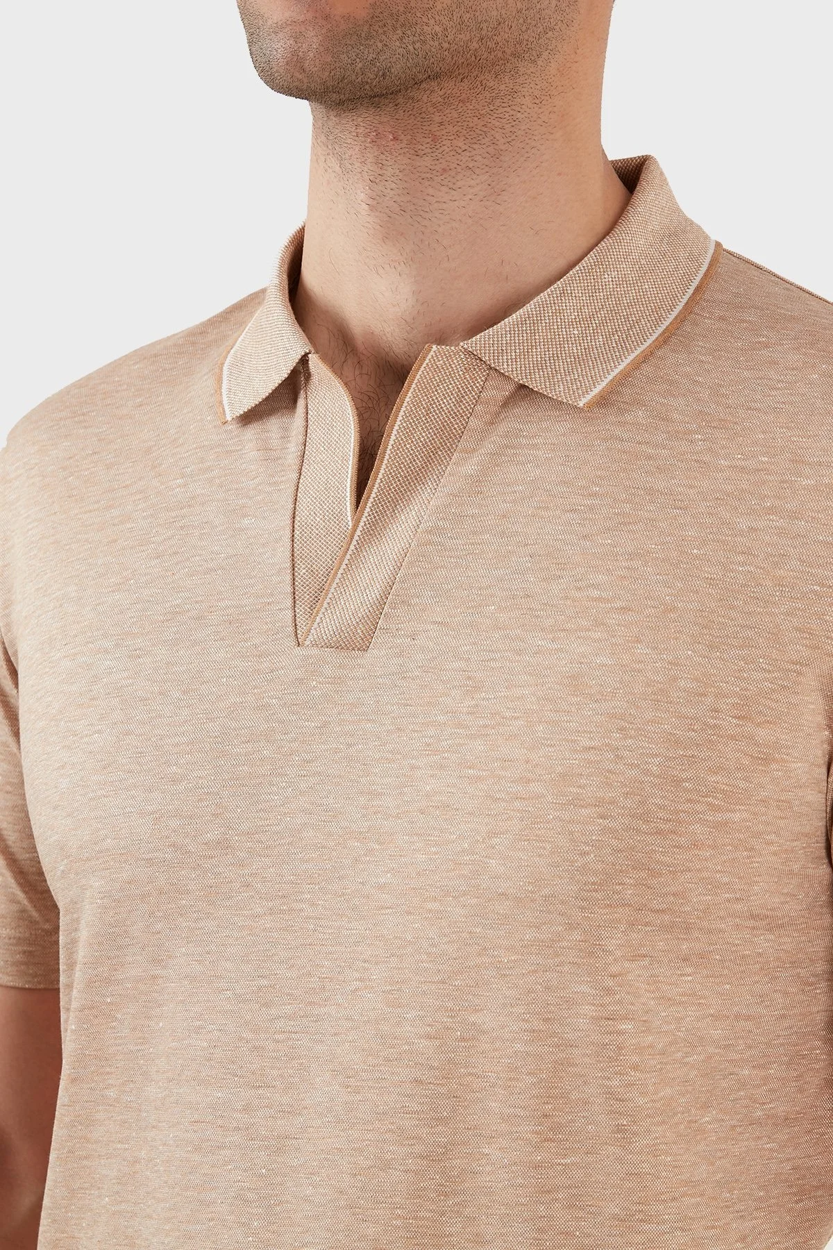 Boss Slim Fit Johnny Yaka Keten ve Pamuk Karışımlı T Shirt Erkek Polo 50467109 260 BEJ - 5