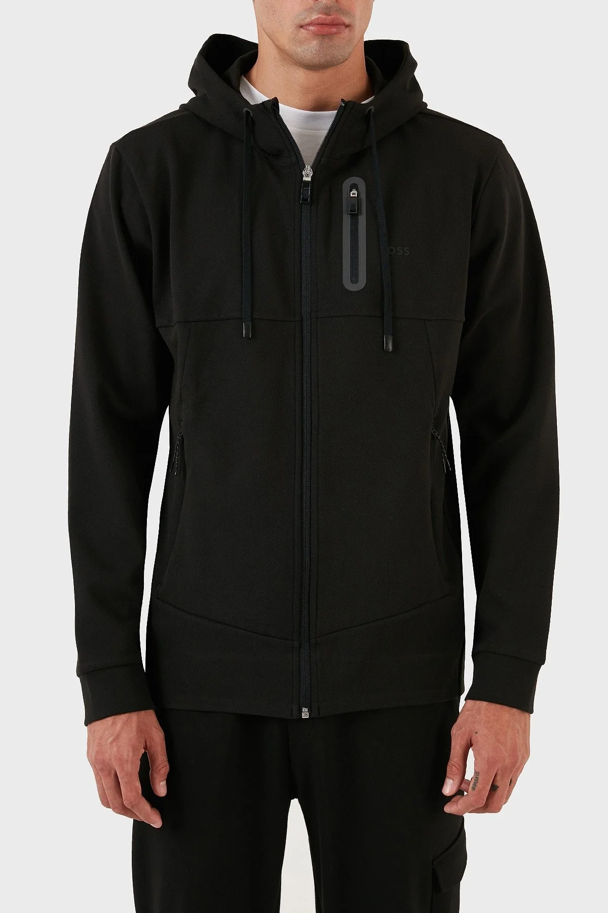 Boss Streç Pamuk Karışımlı Fermuarlı Kapüşonlu Regular Fit Erkek Sweat 50493468 001 SİYAH - 1