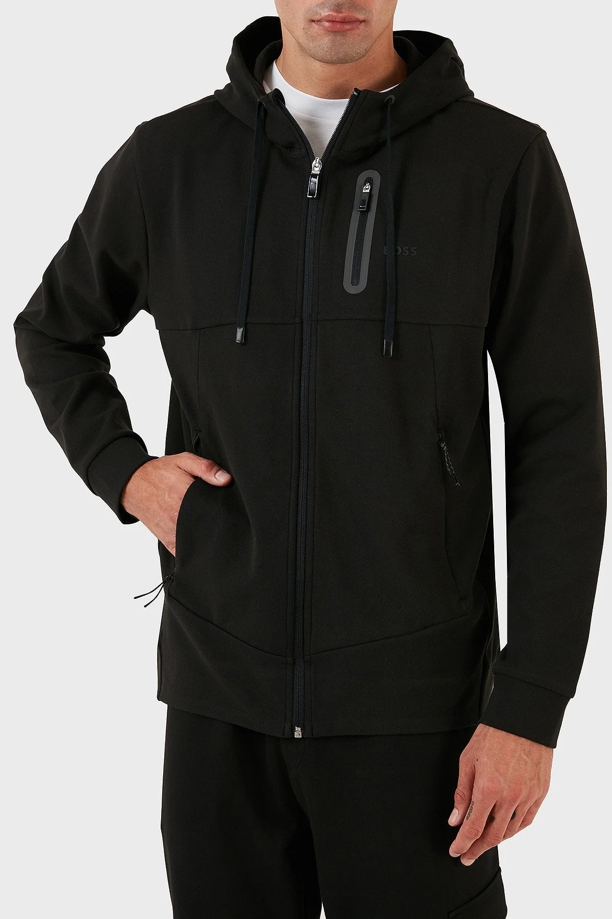 Boss Streç Pamuk Karışımlı Fermuarlı Kapüşonlu Regular Fit Erkek Sweat 50493468 001 SİYAH - 3