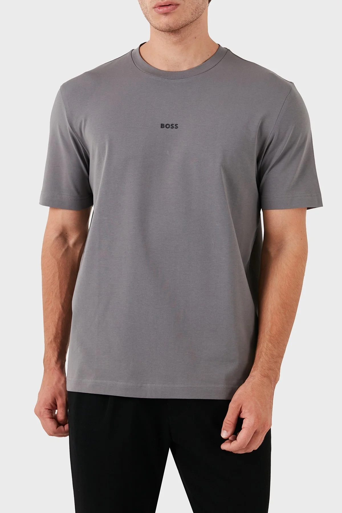 Boss Streç Pamuklu Bisiklet Yaka Erkek T Shirt 50473278 029 GRİ - 1