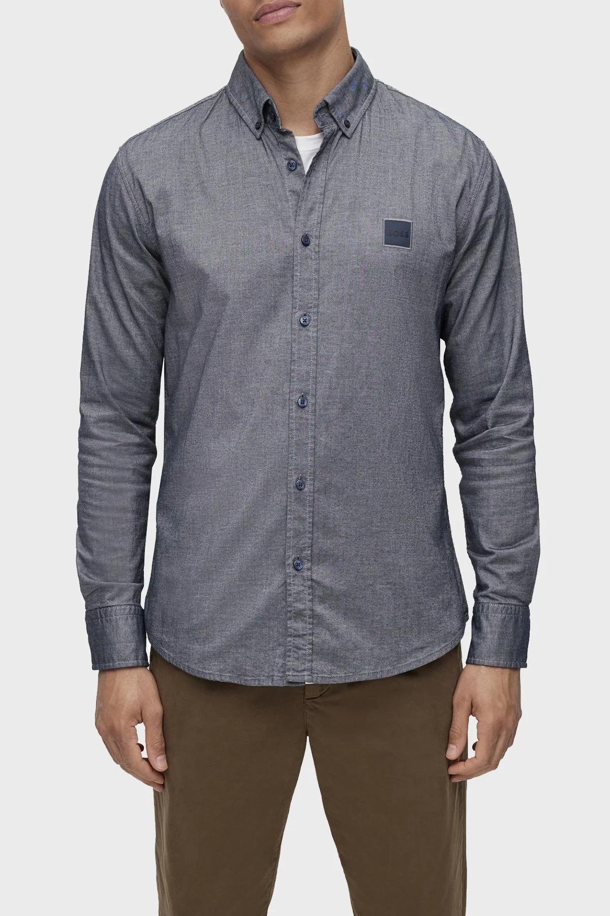 Boss Streç Pamuklu Düğmeli Yaka Uzun Kol Slim Fit Erkek Gömlek 50467324 404 GRİ - 1
