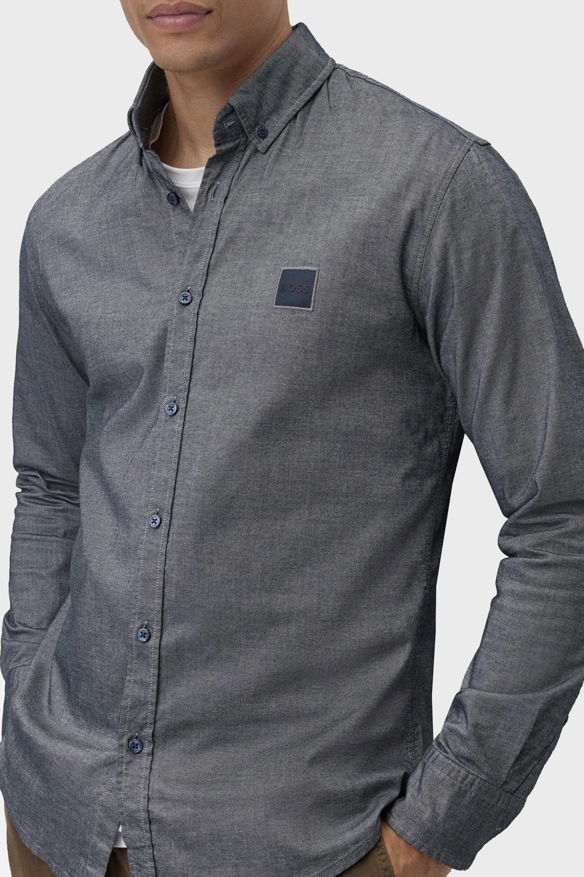 Boss Streç Pamuklu Düğmeli Yaka Uzun Kol Slim Fit Erkek Gömlek 50467324 404 GRİ - 3