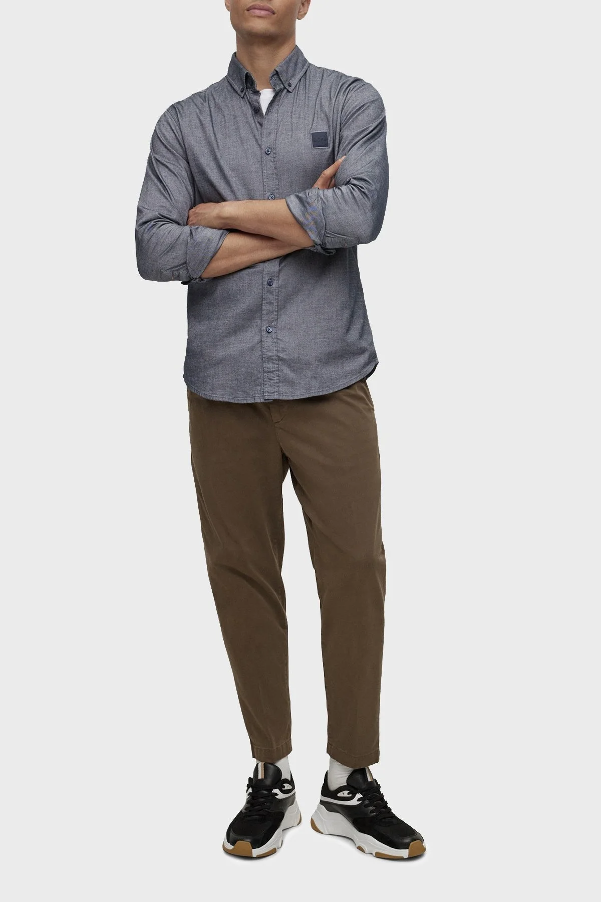 Boss Streç Pamuklu Düğmeli Yaka Uzun Kol Slim Fit Erkek Gömlek 50467324 404 GRİ - 4