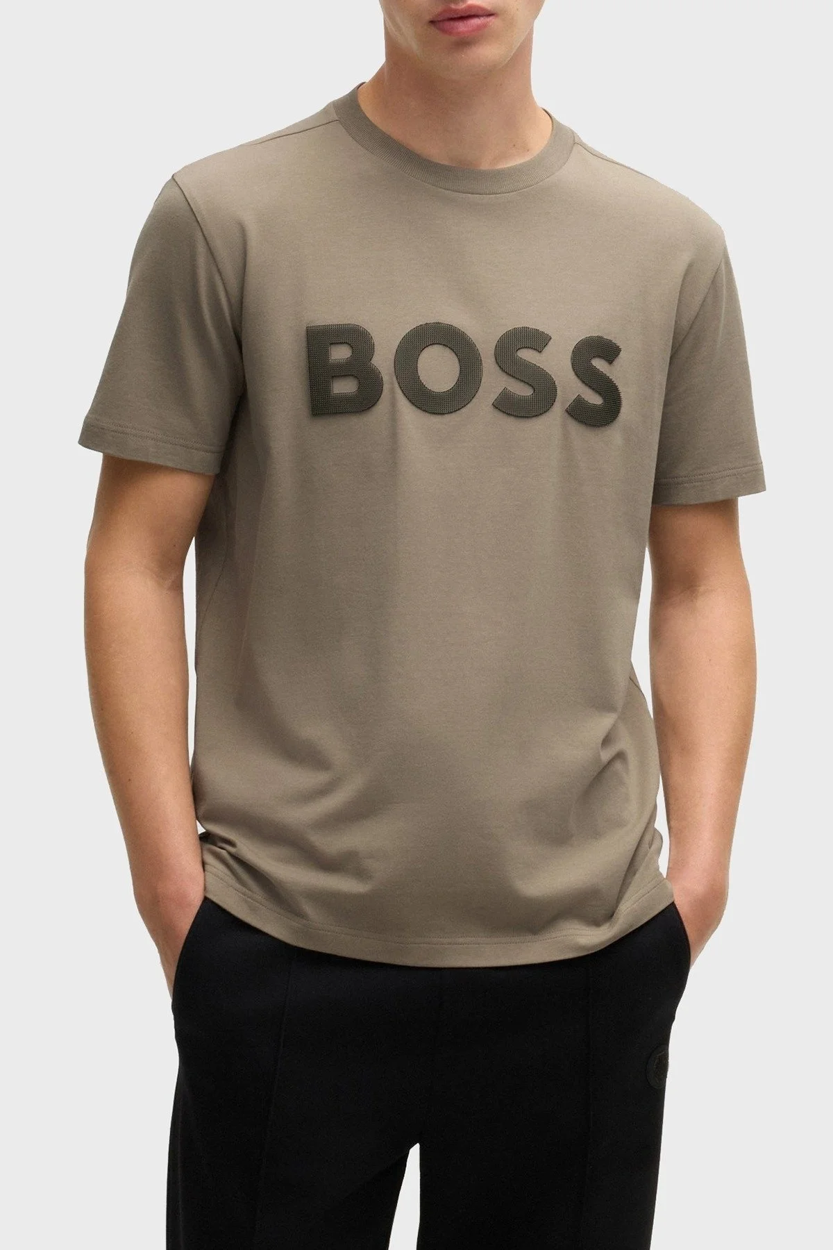 Boss Streç Pamuklu Regular Fit Büyük Logolu Erkek T Shirt 50535170 334 HAKİ - 1
