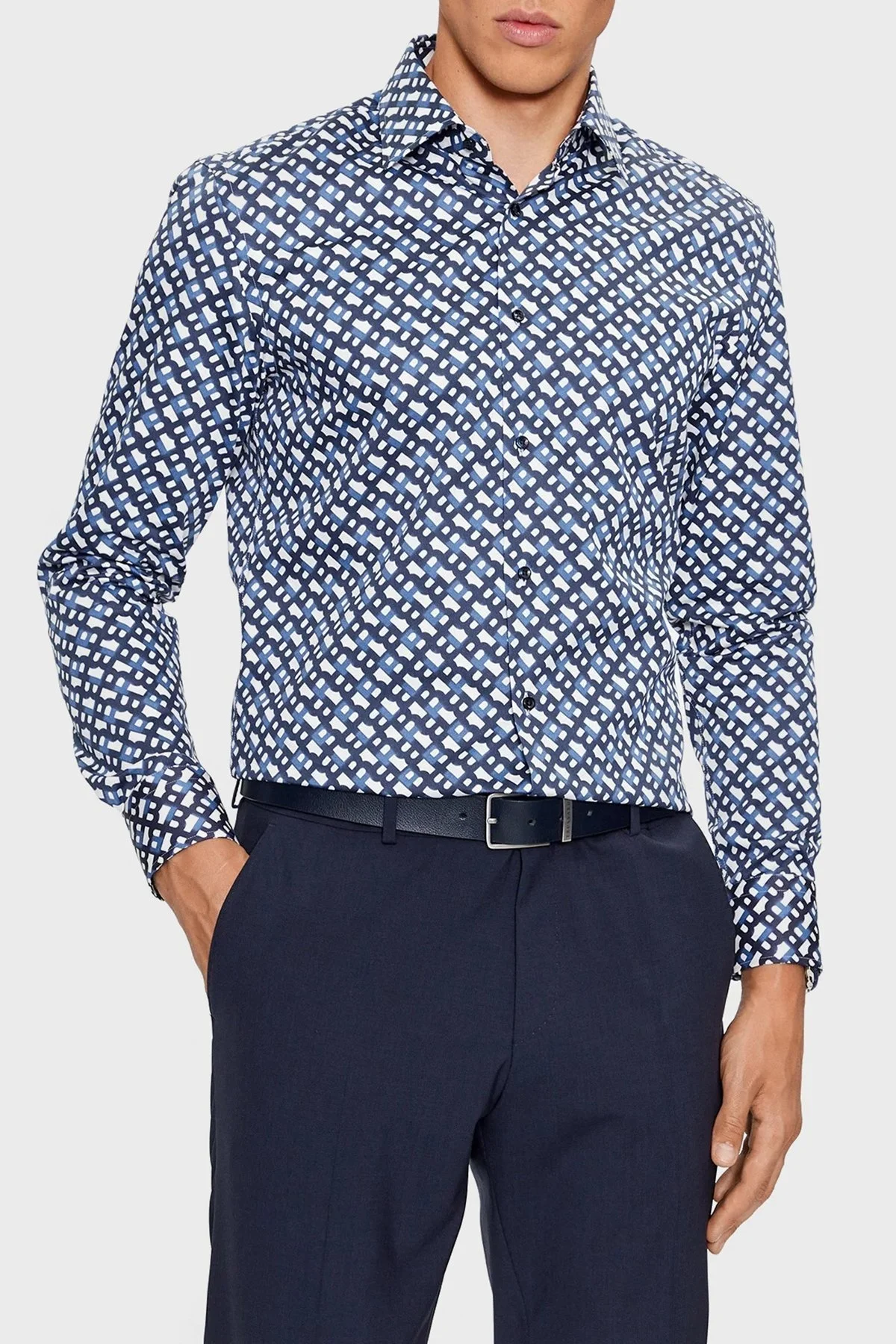 Boss Tamamı Logogramlı % 100 Pamuk Slim Fit Erkek Gömlek 50502888 410 LACİVERT - 6