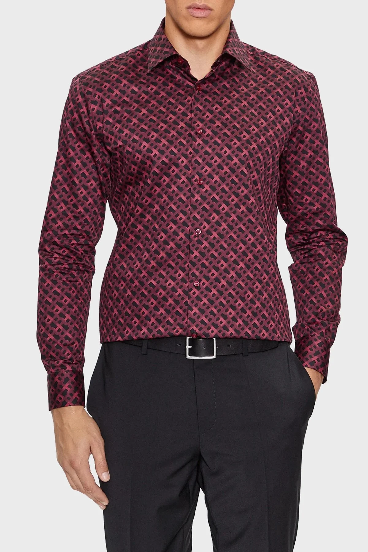 Boss Tamamı Logogramlı % 100 Pamuk Slim Fit Erkek Gömlek 50502888 602 BORDO - 6