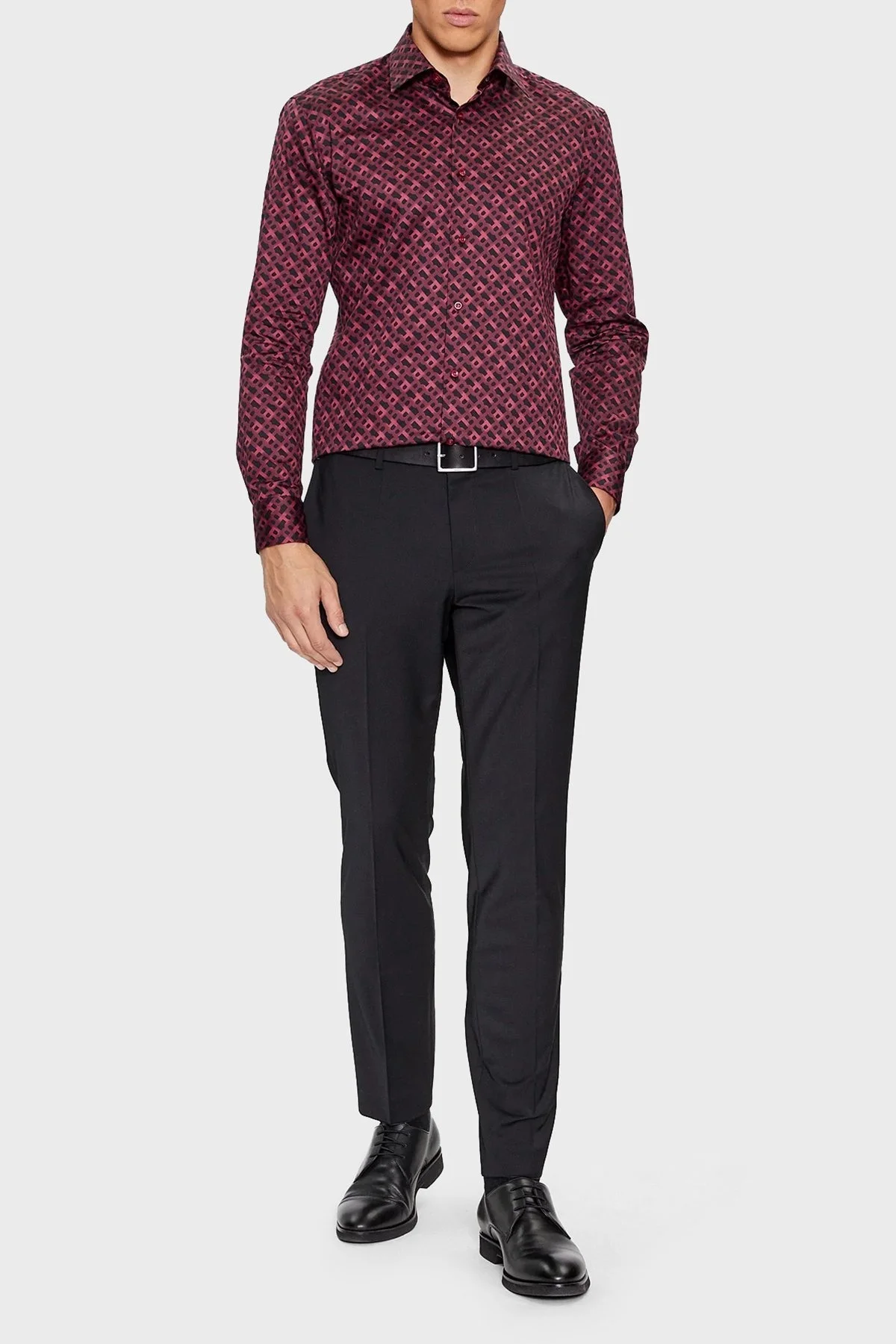 Boss Tamamı Logogramlı % 100 Pamuk Slim Fit Erkek Gömlek 50502888 602 BORDO - 8