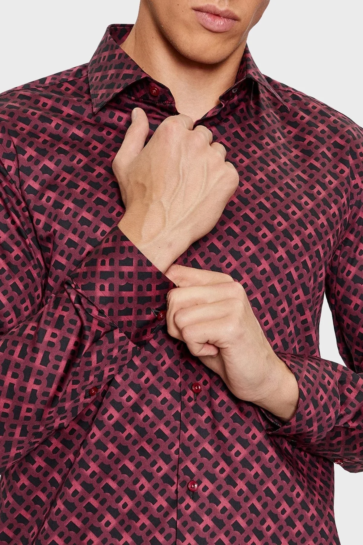 Boss Tamamı Logogramlı % 100 Pamuk Slim Fit Erkek Gömlek 50502888 602 BORDO - 9