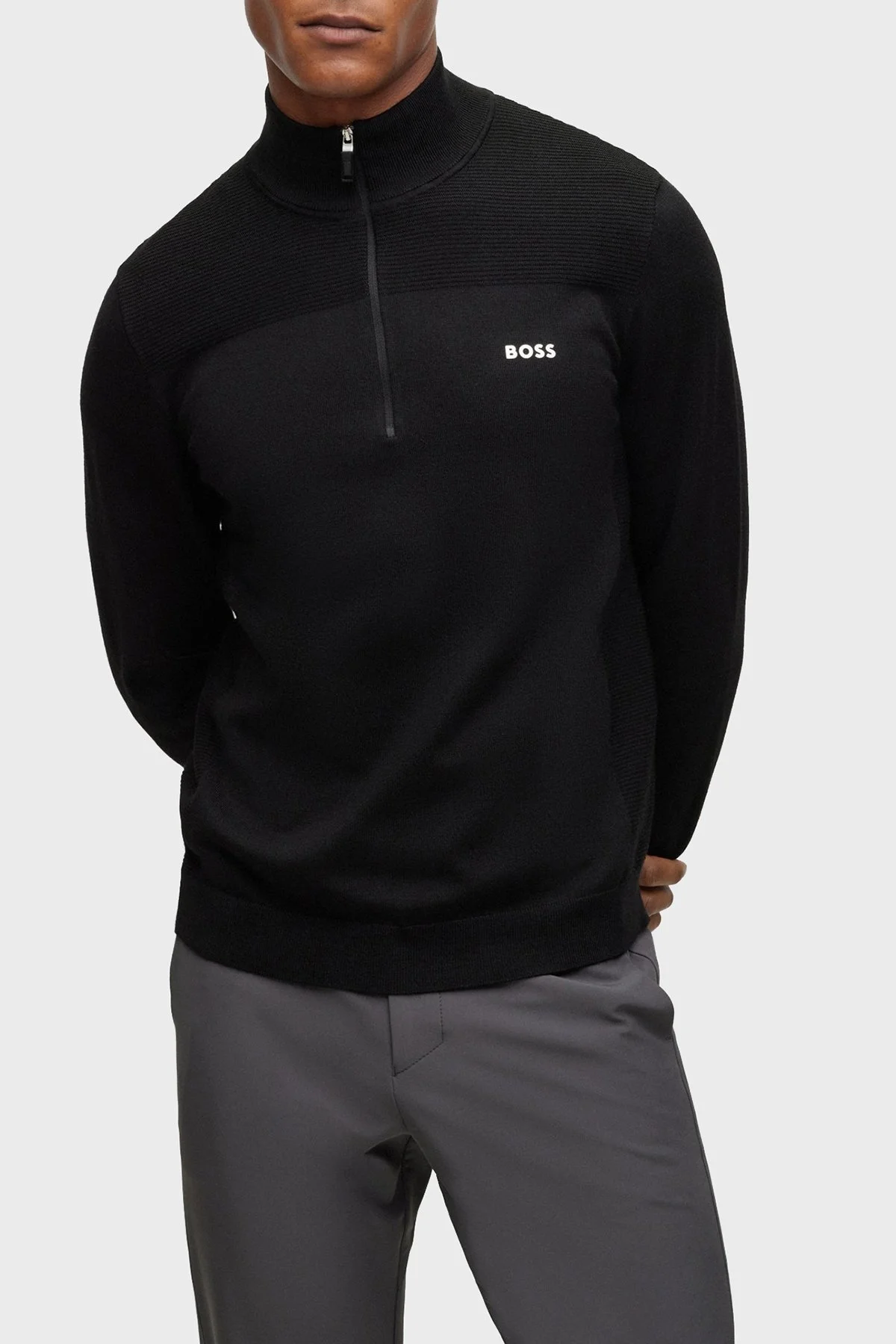 Boss Yarım Fermuarlı Yün Karışımlı Dik Yaka Regular Fit Erkek Kazak 50498560 001 SİYAH - 1