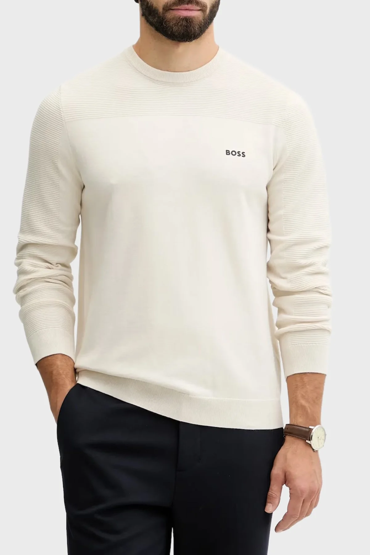 Boss Yün Karışımlı Regular Fit Bisiklet Yaka Erkek Kazak 50547507 131 BEJ - 1