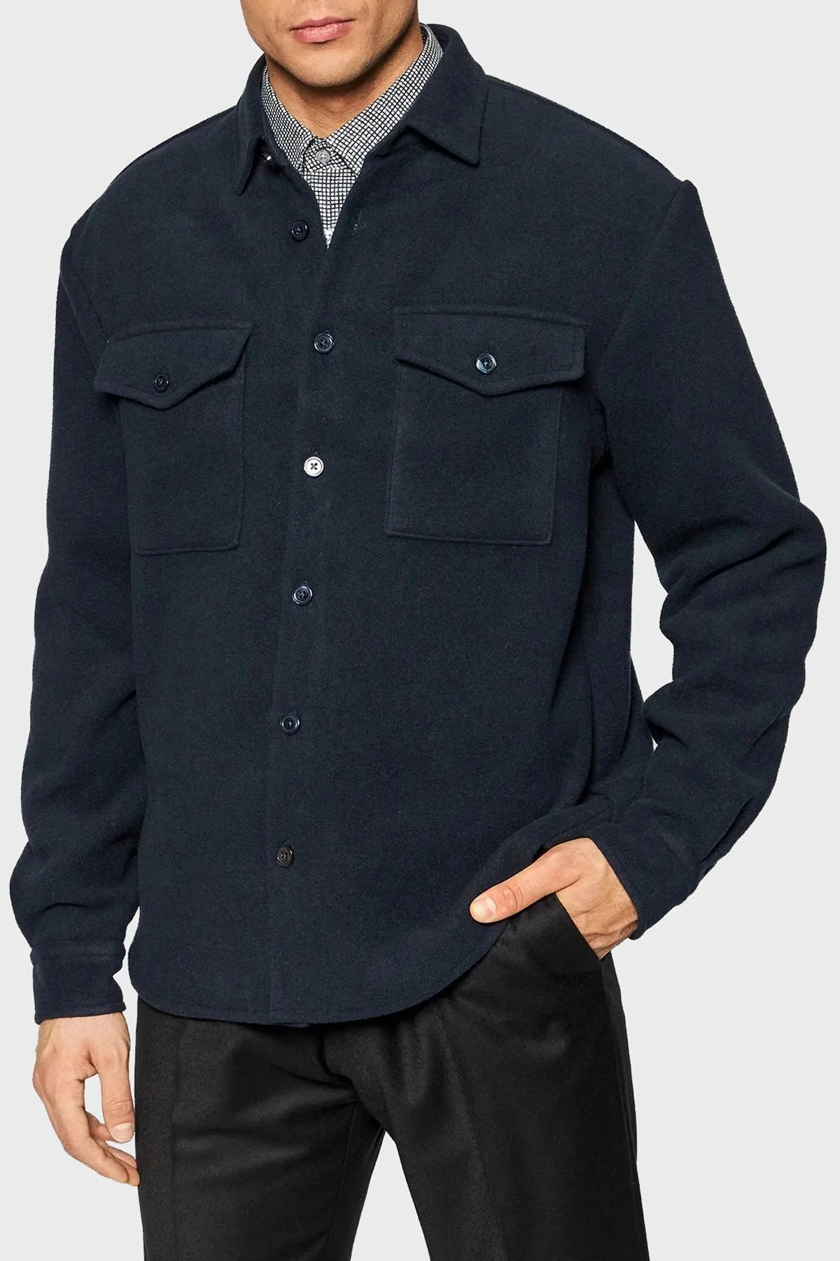 Boss Yün Karışımlı Relaxed Fit Cepli Erkek Gömlek 50461354 404 LACİVERT - 1