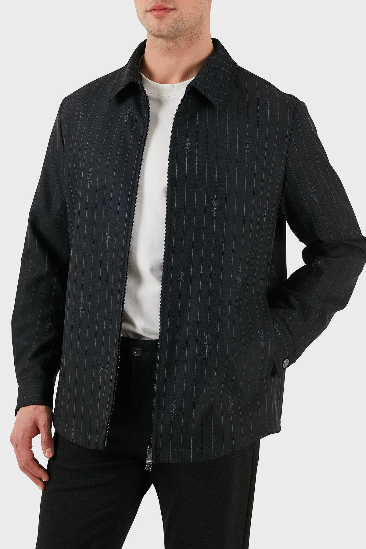 Boss Yün Karışımlı Relaxed Fit Fermuarlı Çizgili Erkek Ceket 50536787 030 SİYAH - 1
