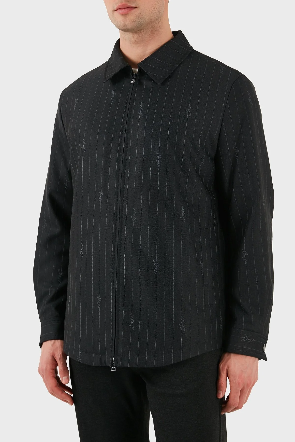 Boss Yün Karışımlı Relaxed Fit Fermuarlı Çizgili Erkek Ceket 50536787 030 SİYAH - 4