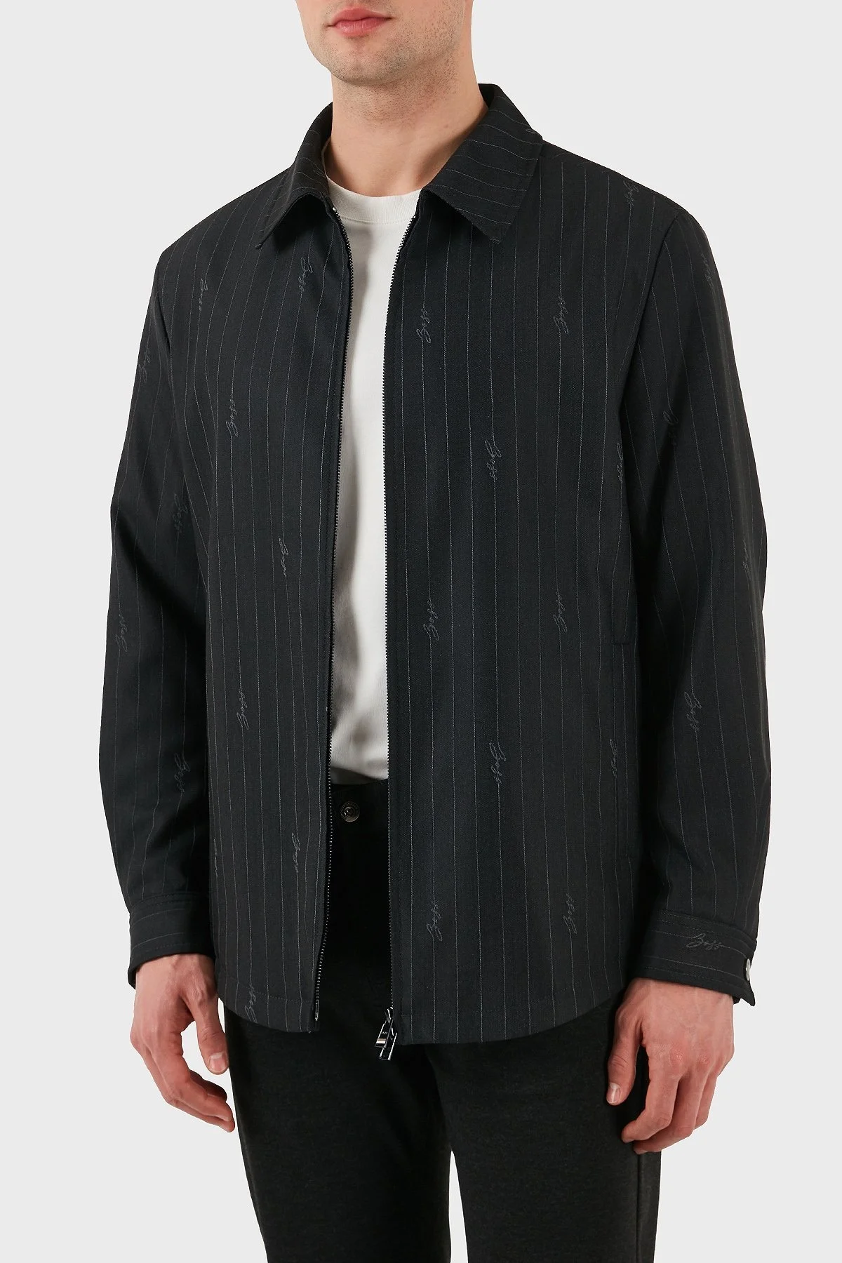 Boss Yün Karışımlı Relaxed Fit Fermuarlı Çizgili Erkek Ceket 50536787 030 SİYAH - 5