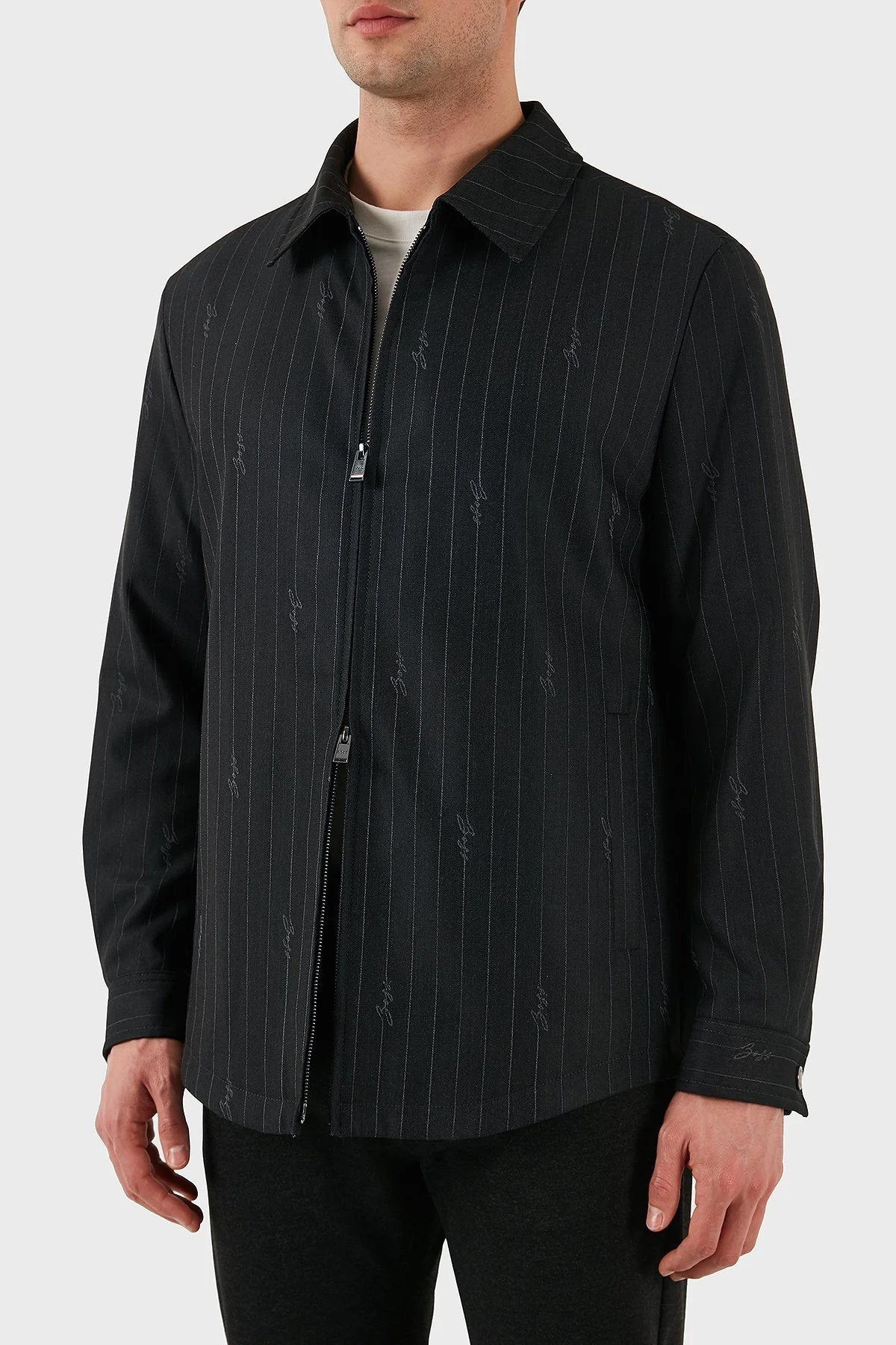 Boss Yün Karışımlı Relaxed Fit Fermuarlı Çizgili Erkek Ceket 50536787 030 SİYAH - 6