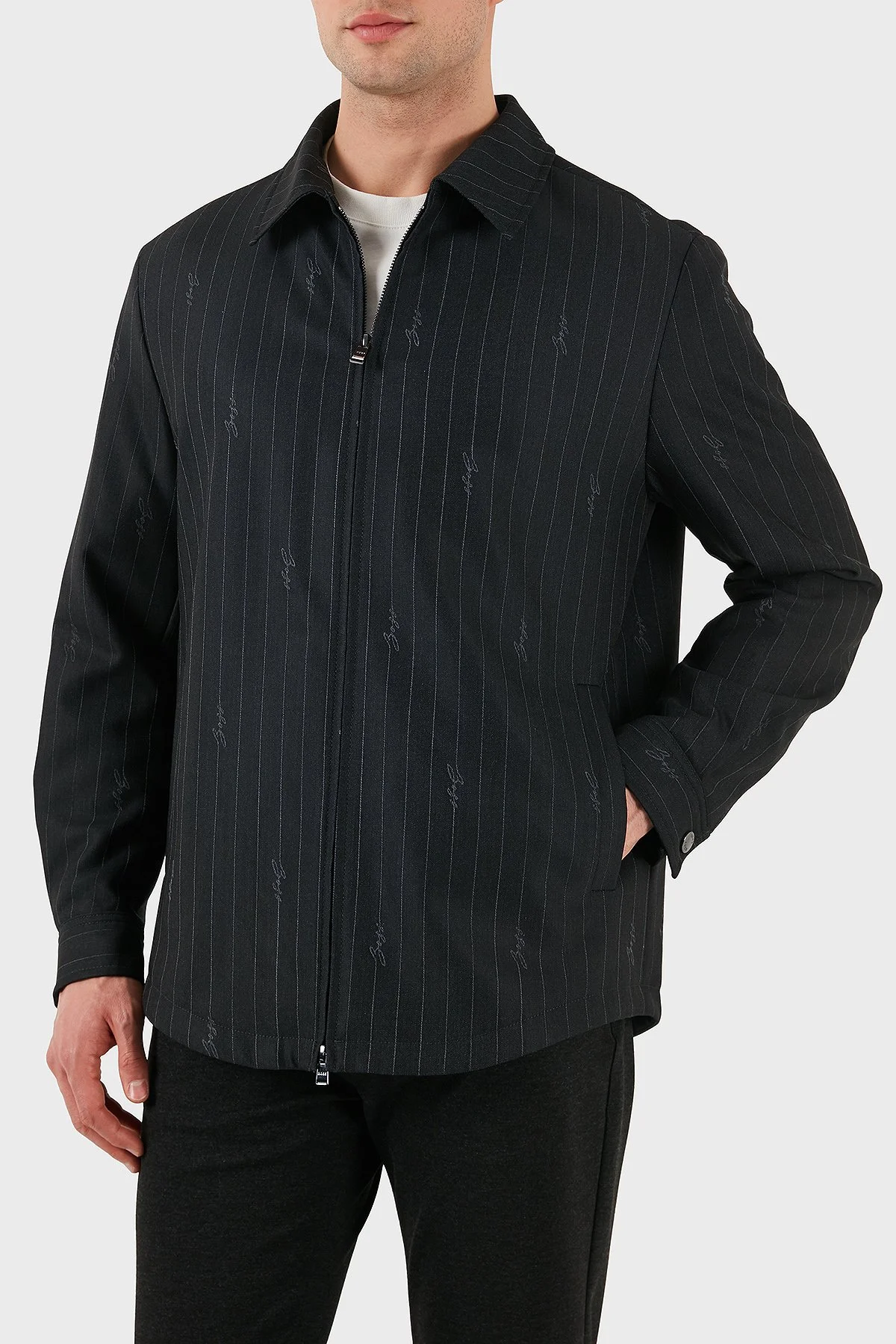 Boss Yün Karışımlı Relaxed Fit Fermuarlı Çizgili Erkek Ceket 50536787 030 SİYAH - 2